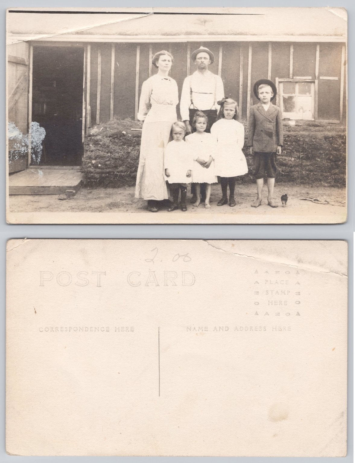 RPPC Early 1900s Family Portrait Rural Farmhouse Kids Barefoot Postcard