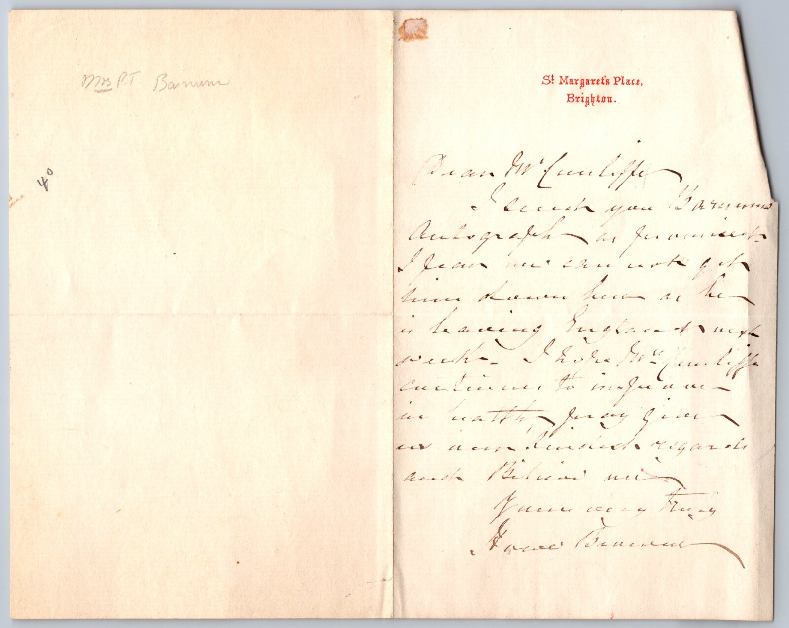 Grace Barnum Hand Signed Letter - P.T. Barnum's First Wife