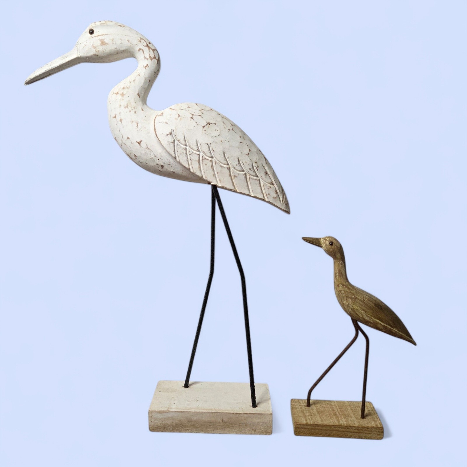 Vtg Hand Carved Folk Art Wooden Shore Bird Sculptures Pair Rustic Coastal Decor