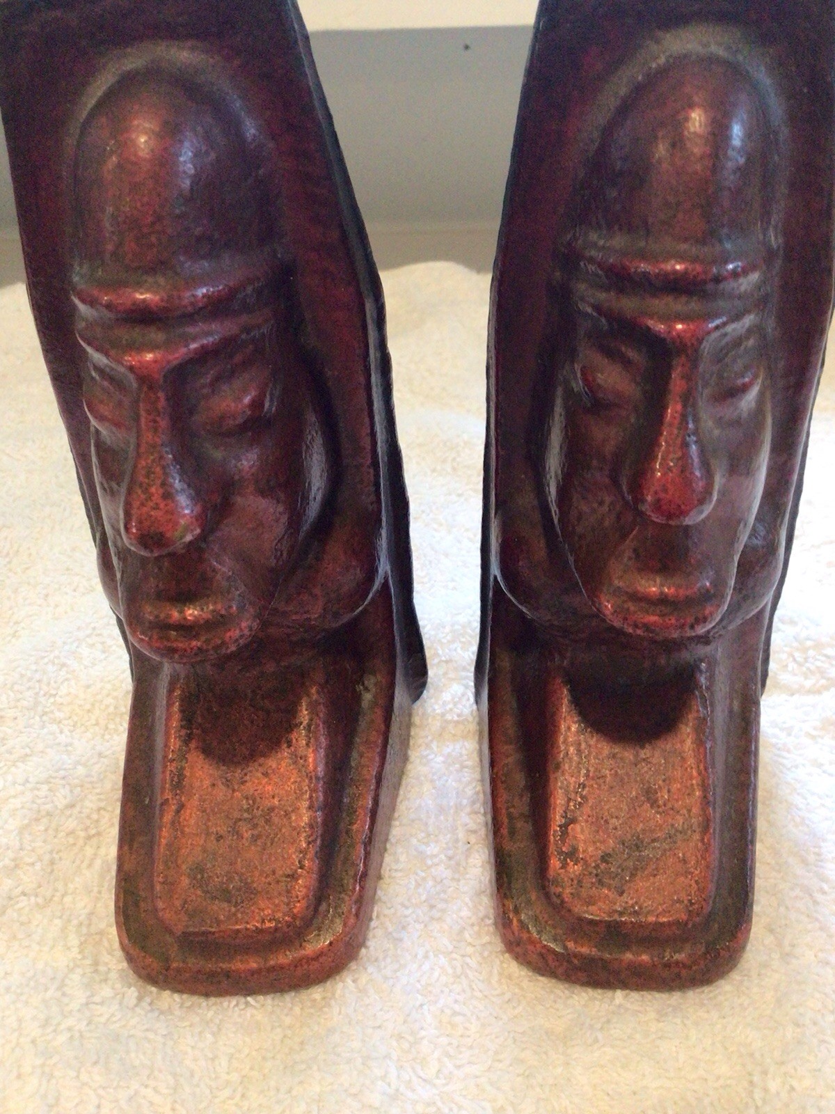 Vintage MCM Copper Easter Island Heads Bookends / Door Stop White Pine Mine 7Lbs