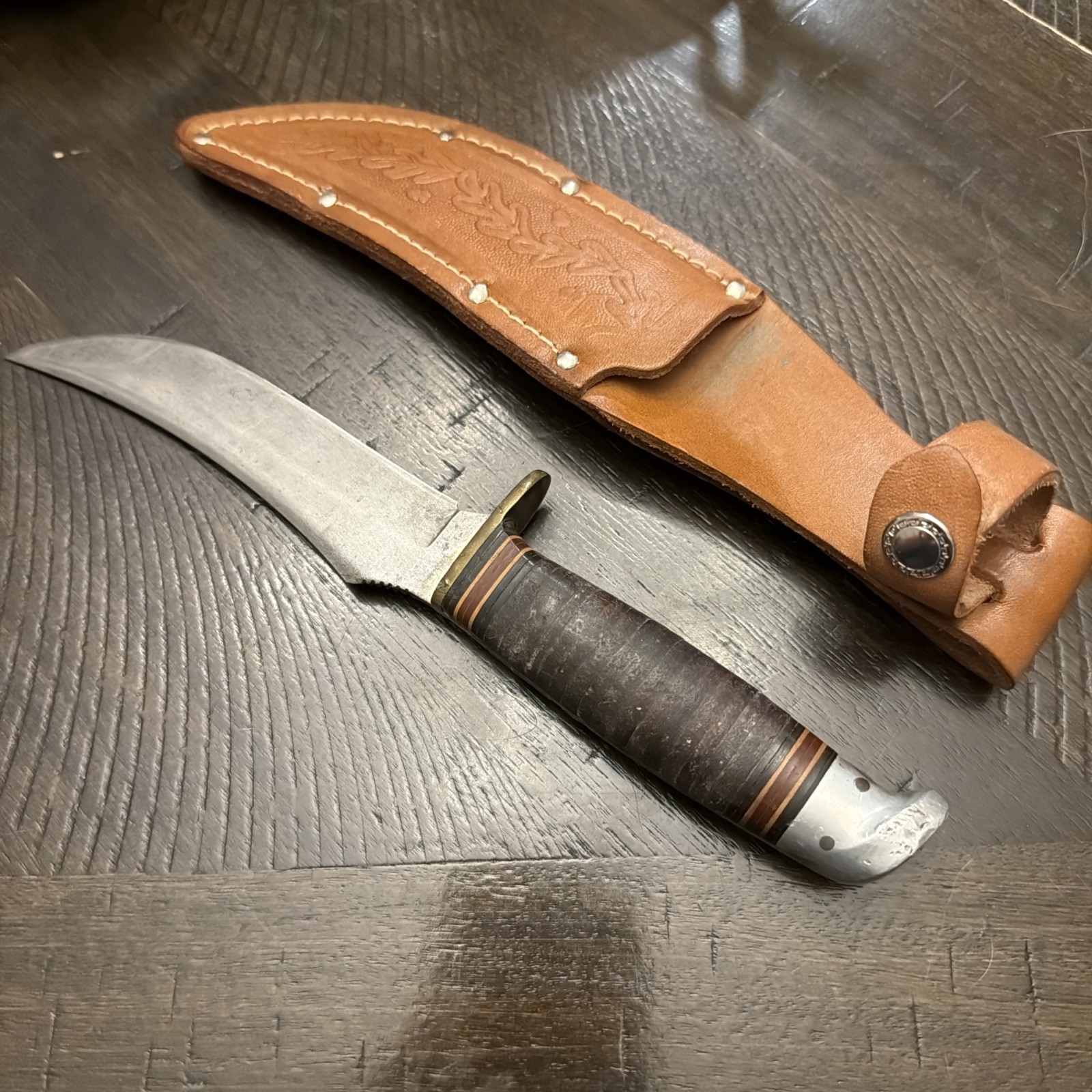 Vintage Western L39 Hunting Knife Boulder Colorado USA Stacked Leather 5” Blade