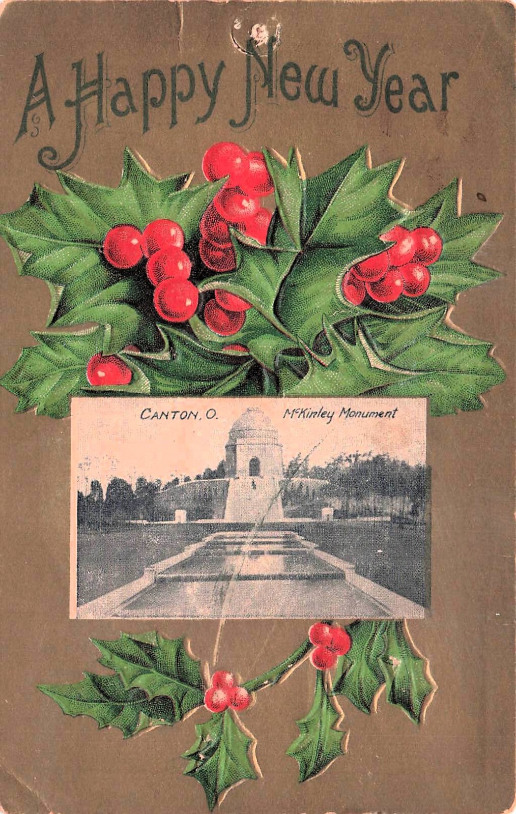 Antique Christmas Card Holly Canton Ohio McKinley Monument Vtg Postcard G49