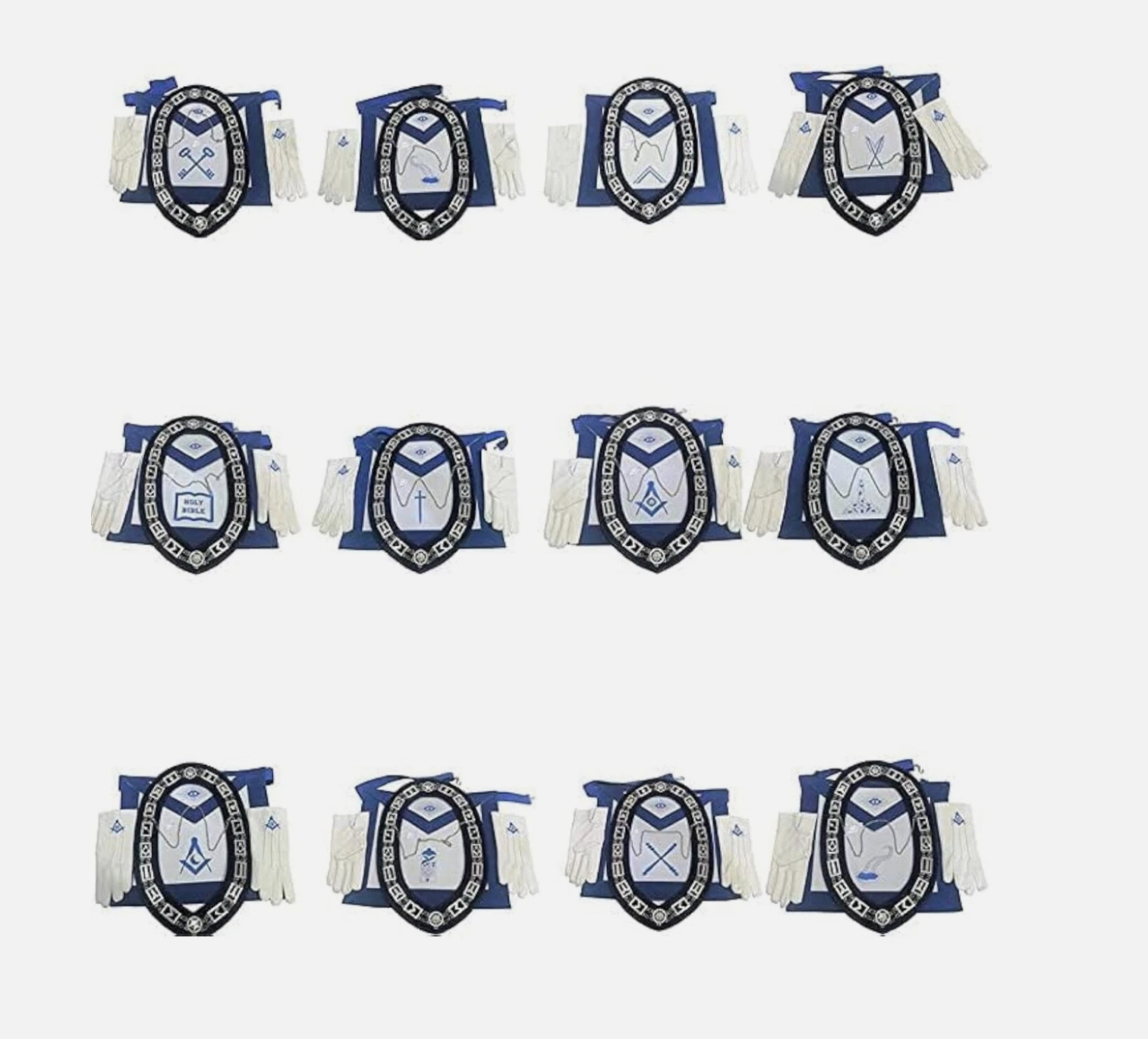 Masonic Blue Lodge Officer Aprons, Chain Collar with jewel, Glove Set Pack of 12