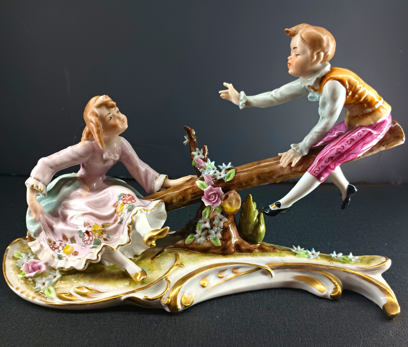 Vintage Andrea by Sadek Dresden Style Porcelain Figurine Boy & Girl Seesaw 6056