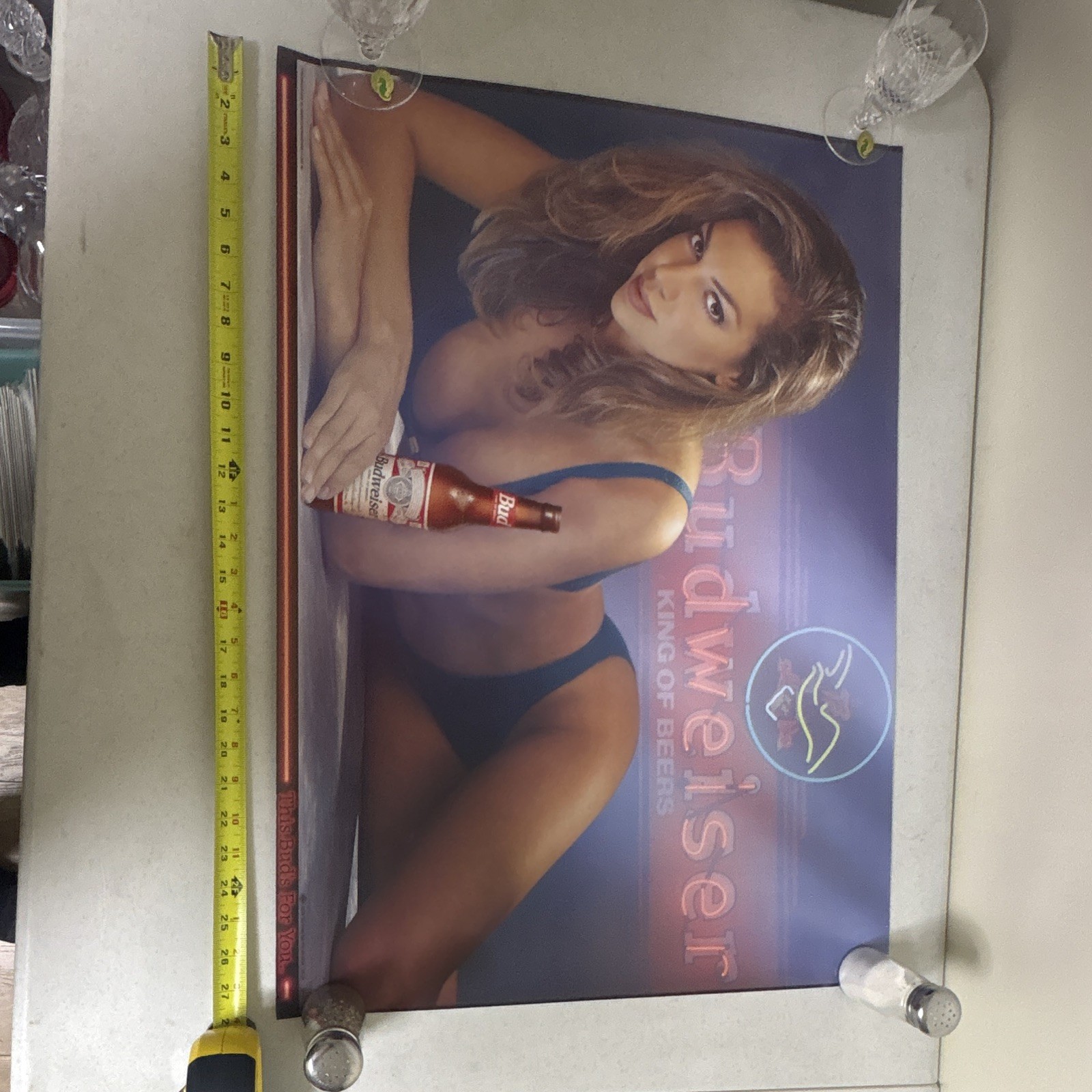 🍺 Vintage 1996 Budweiser Poster 28x20 Bikini Model Neon Beer Promo L96-09