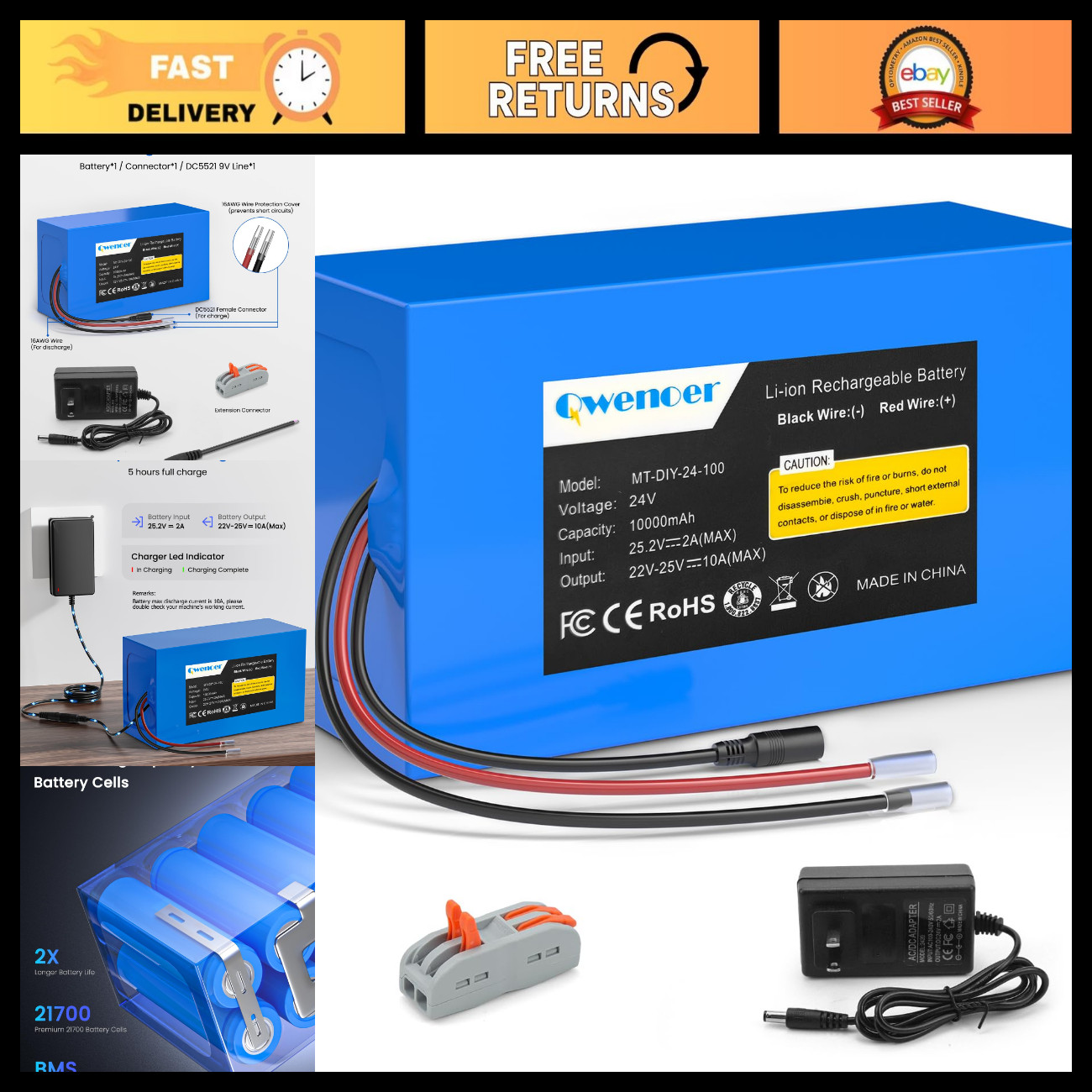 22.2V-24V 10Ah Lithium Battery, 24V Rechargeable Li-ion Battery with 25.2V 2A Ch