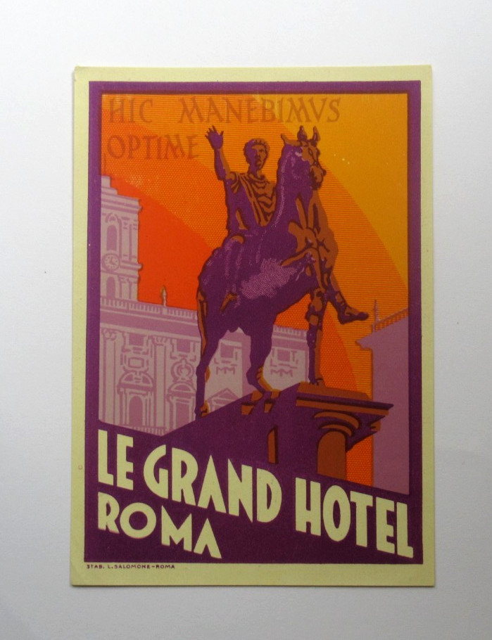 Original Vintage Grand Hotel Roma Luggage Label Italy Art Deco Tag