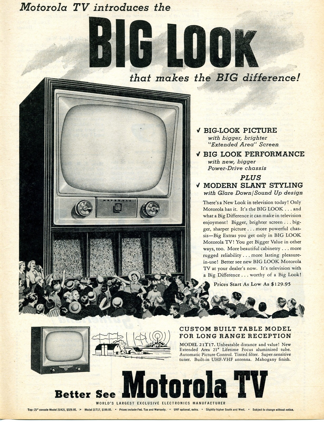 1954 Print Ad of Motorola BIG LOOK TV Model 21K21 & 21T17