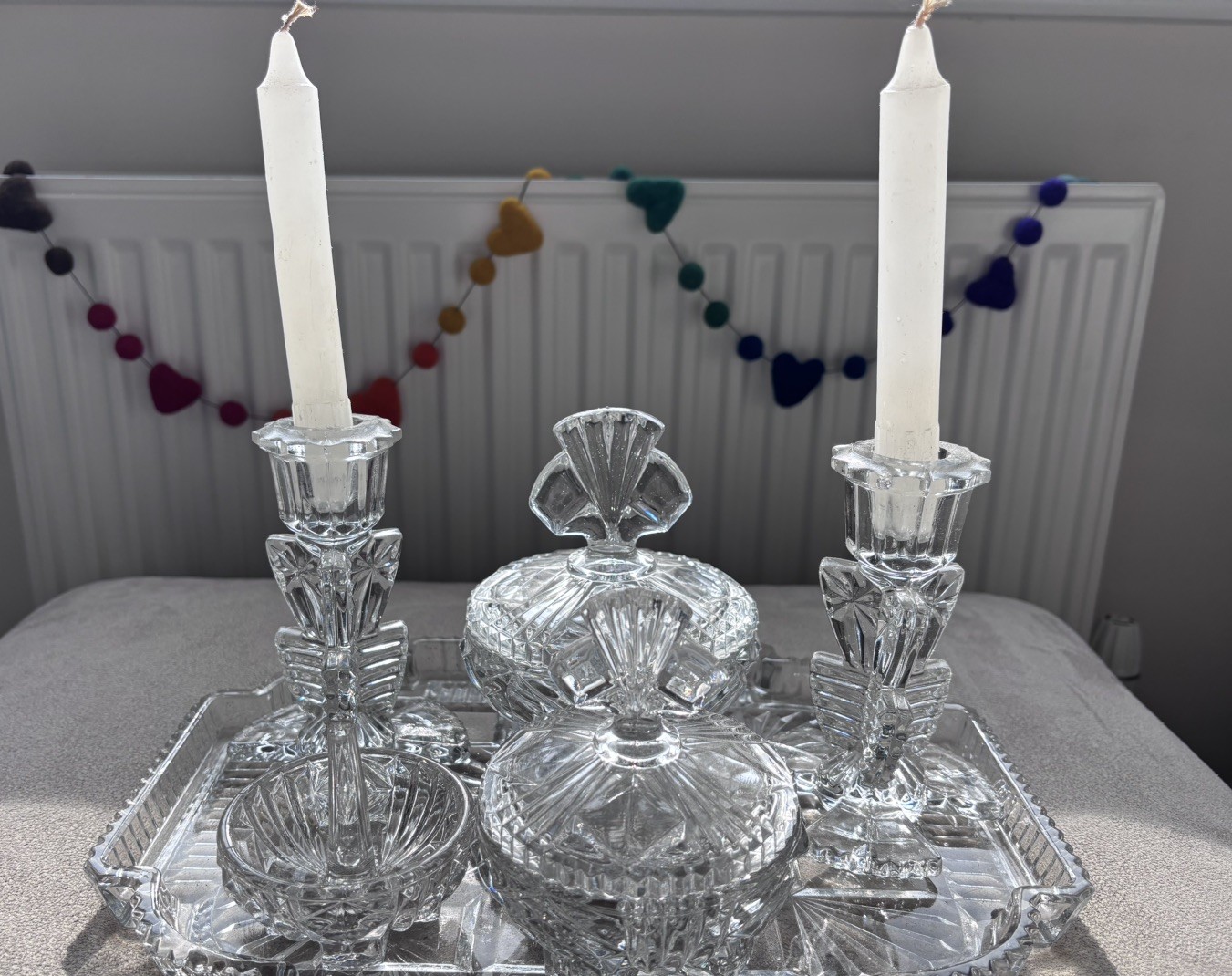 Beautiful Vintage Clear Glass Vanity Set, Full 7 Piece Set, Art Deco, Great con