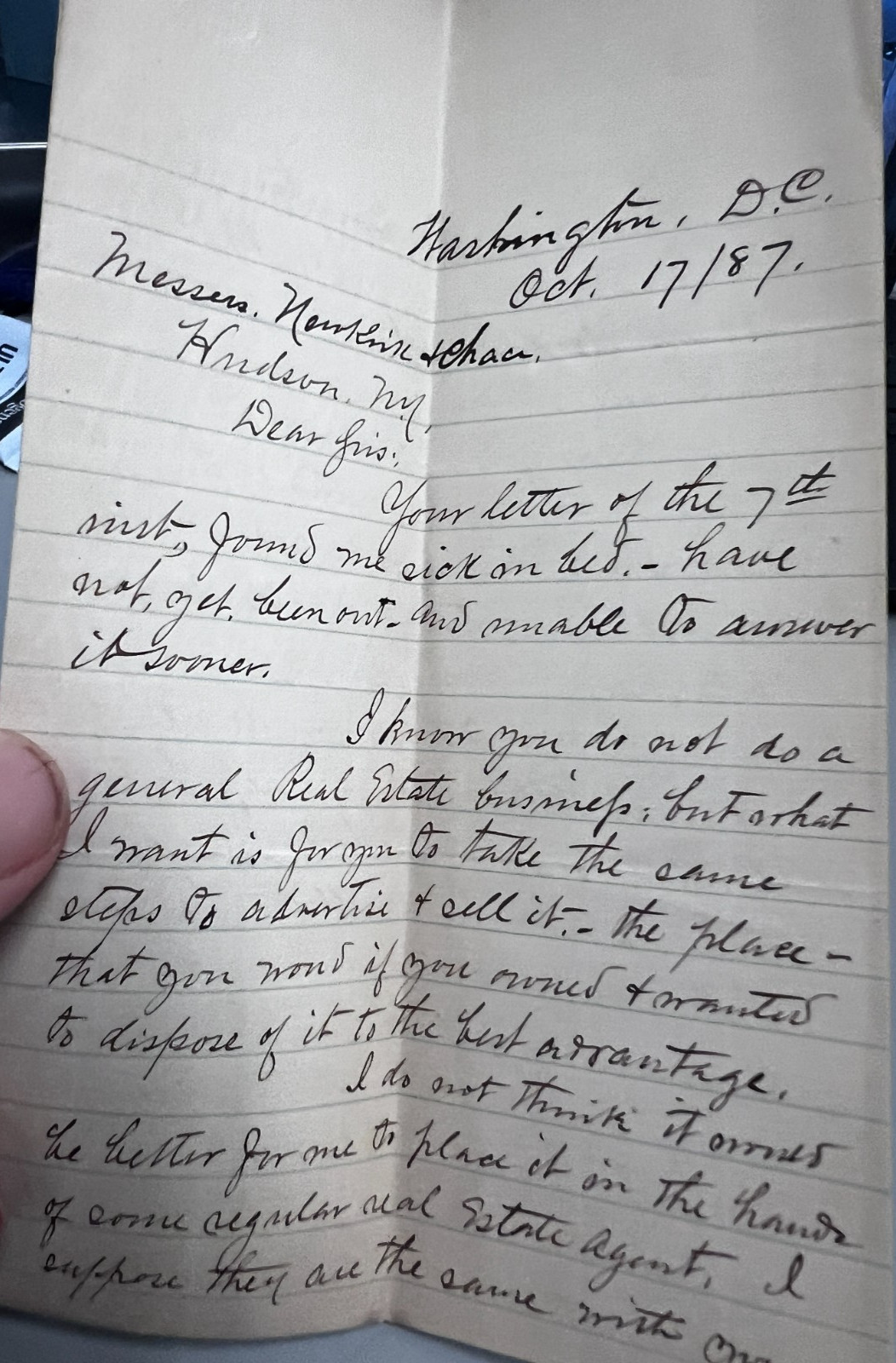 1887 Washington DC Handwritten Signed Real Estate Lawyer Letter Sick in Bed