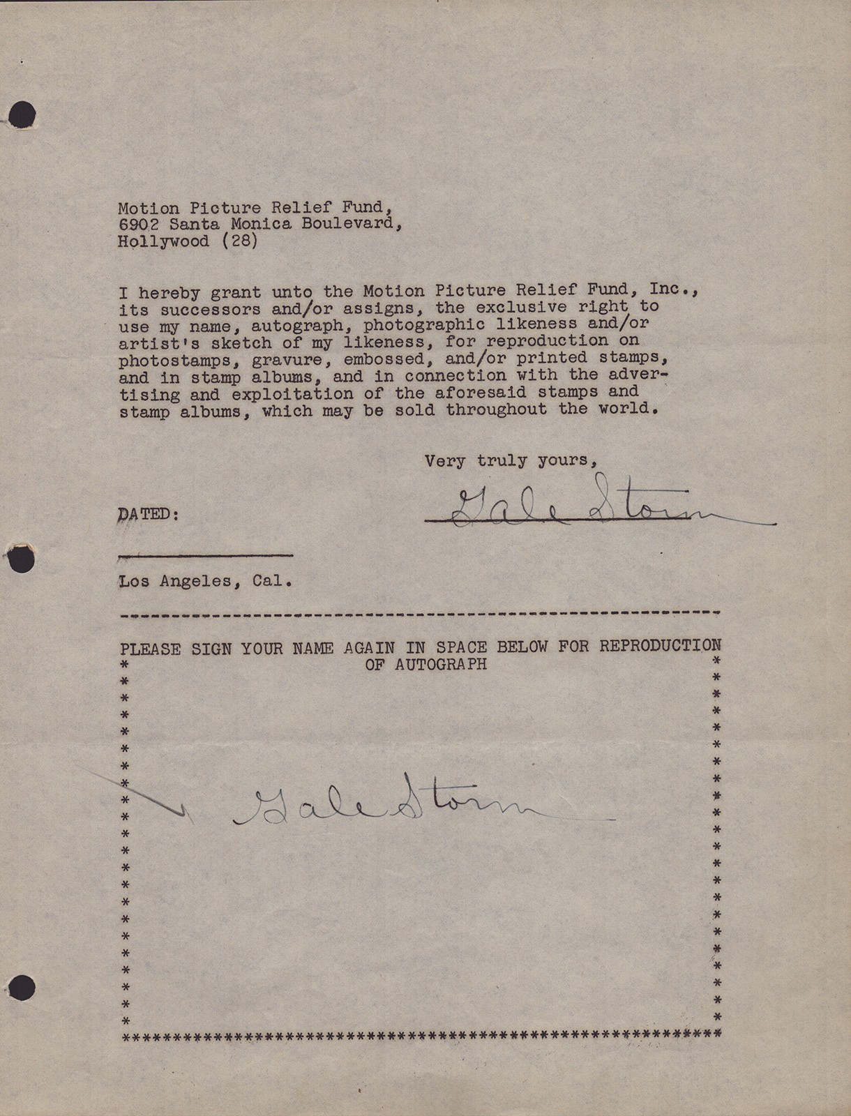 GALE STORM - DOCUMENT DOUBLE SIGNED CIRCA 1946