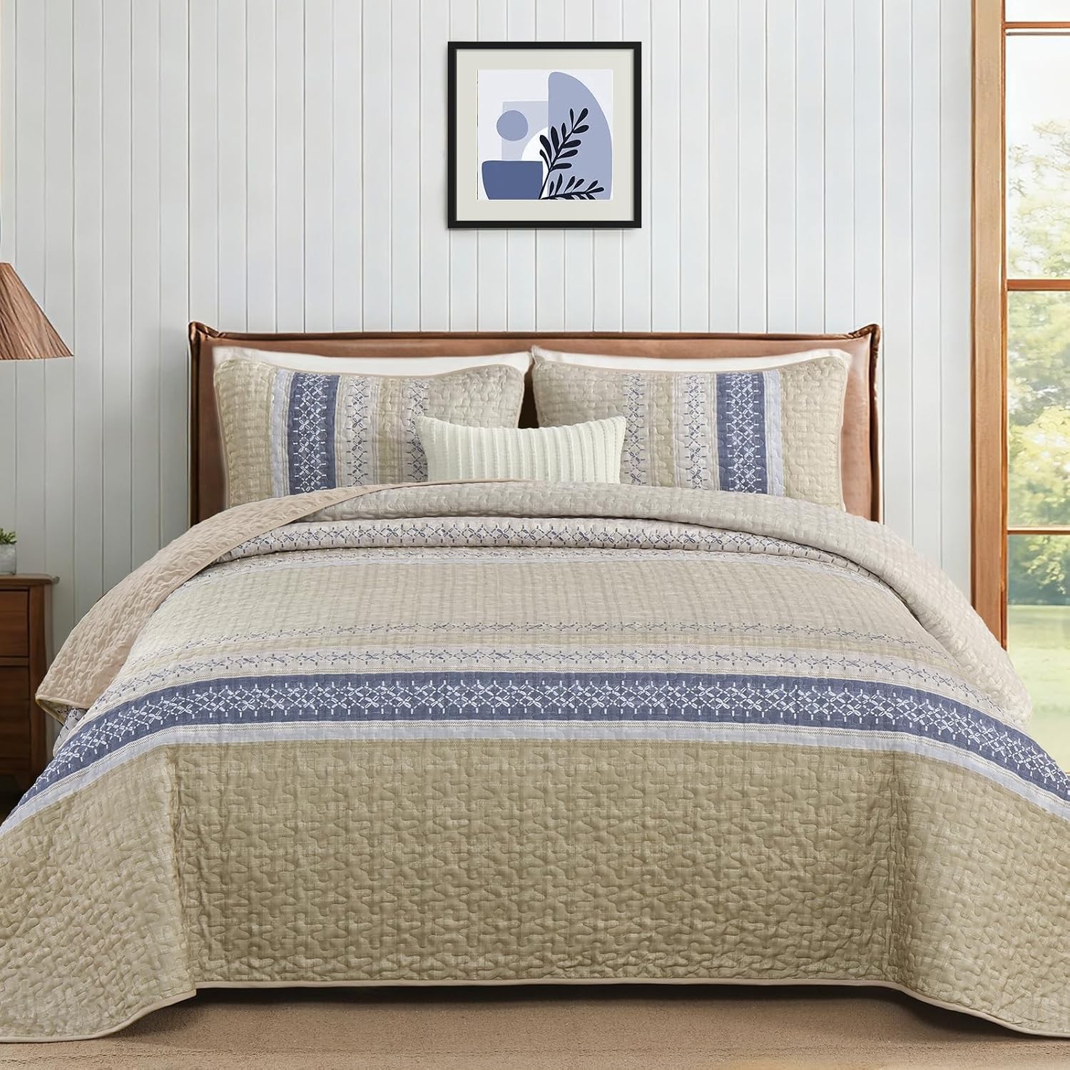 Quilted Bedspread Set 3 Piece Green Beige Tribal Striped Farmhouse Coverlet
