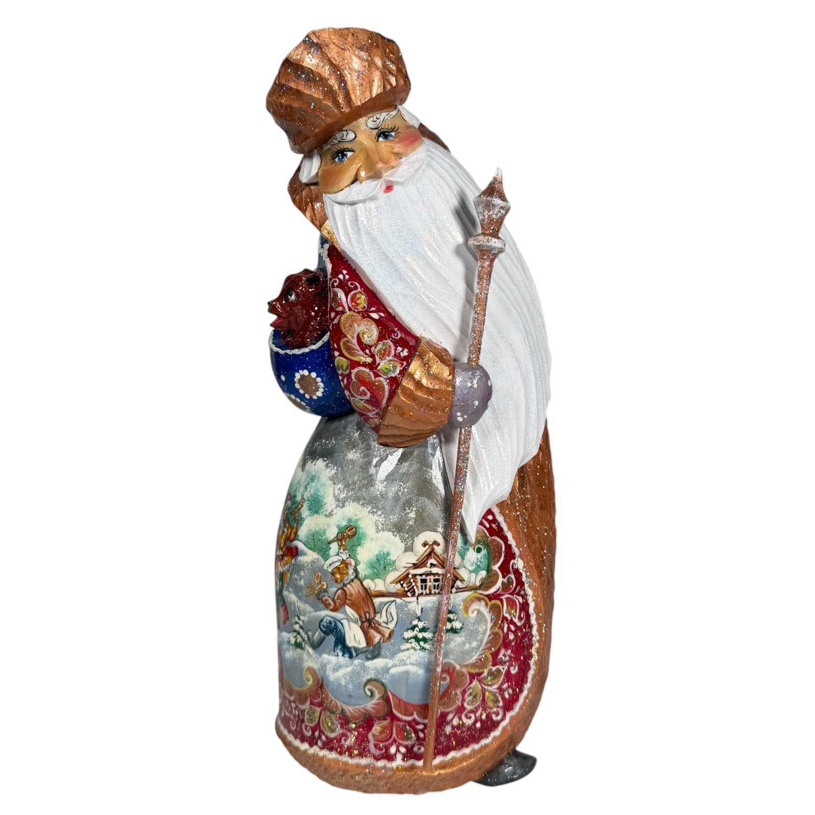 Russian Wood Carved Santa Ded Moroz Hand Painted Frosted Figurine 10.5