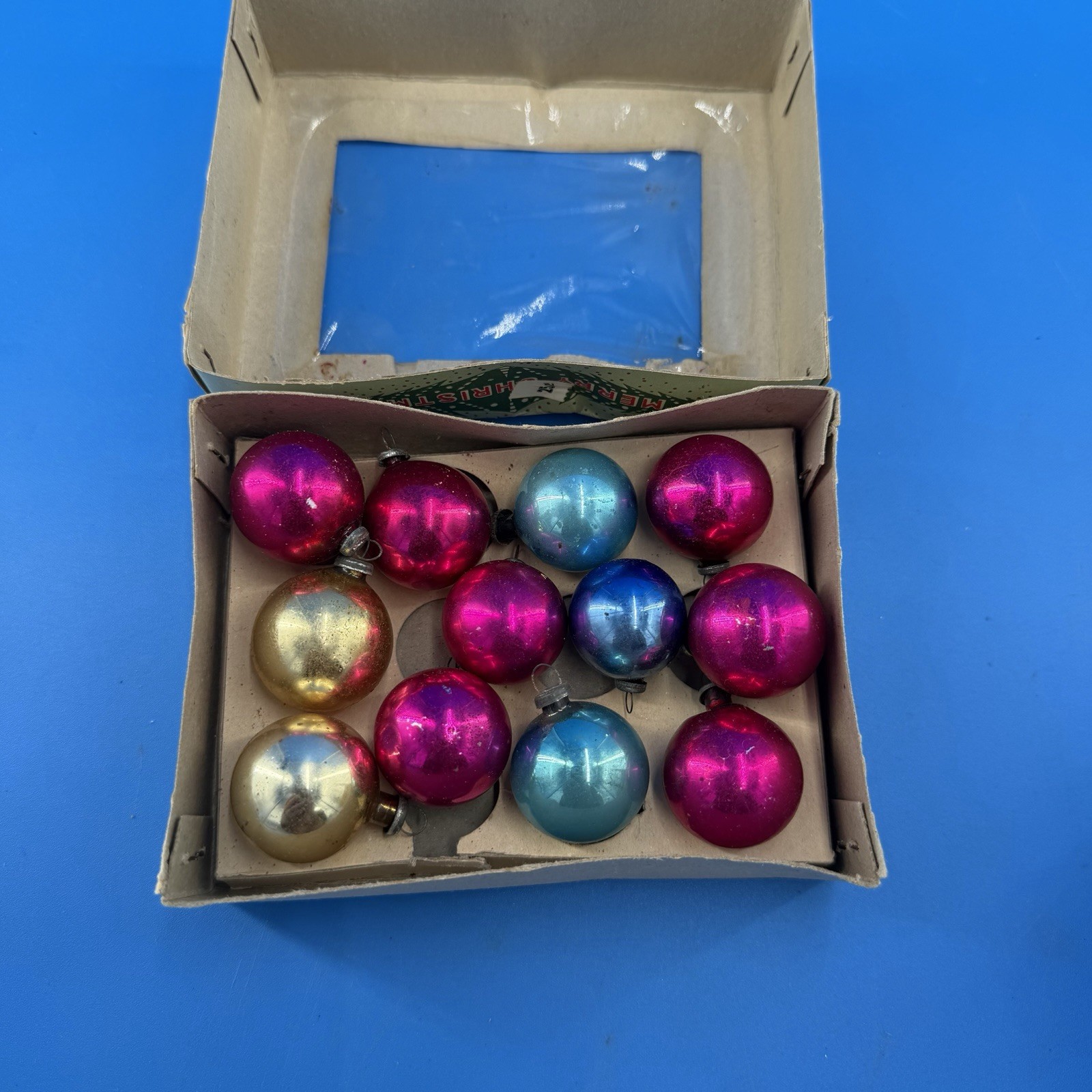 Lot 12 Vtg Glass Feather Tree Mini 25mm BALL Christmas Ornaments Japan Orig Box 