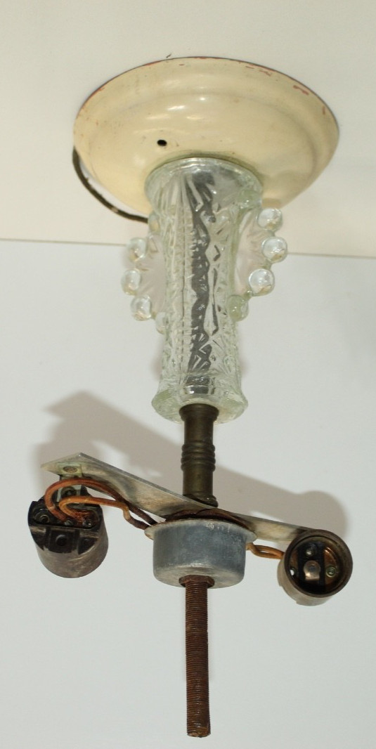 Vintage 1940's Two Light Brass & Glass Ceiling Fixture - PARTS ONLY