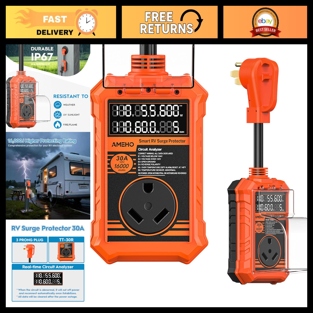 RV Surge Protector 30 Amp, 16000J with Smart Auto Shutoff – Waterproof – LED Lar