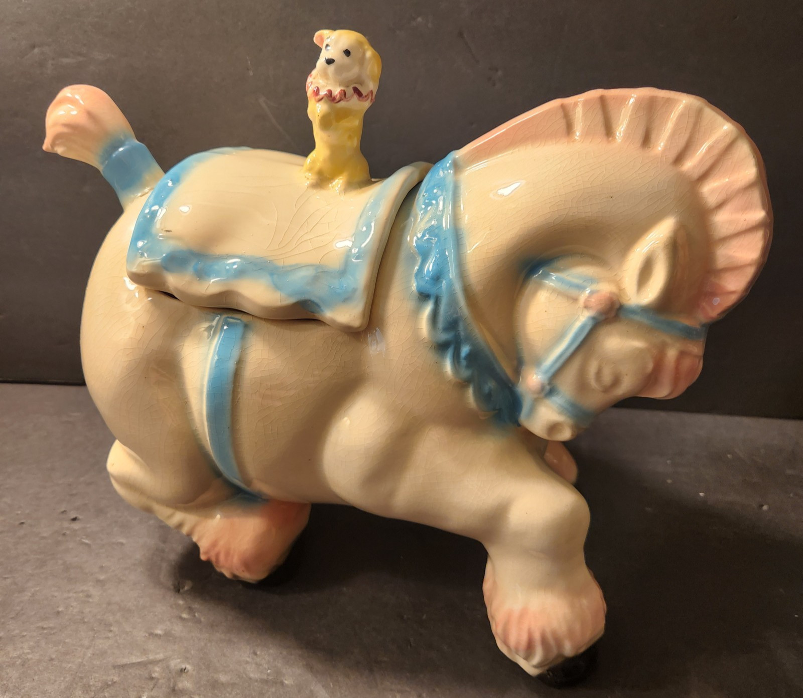 Vintage 1950s Brush Pottery Circus Horse Dog Cookie Jar Pink Blue USA