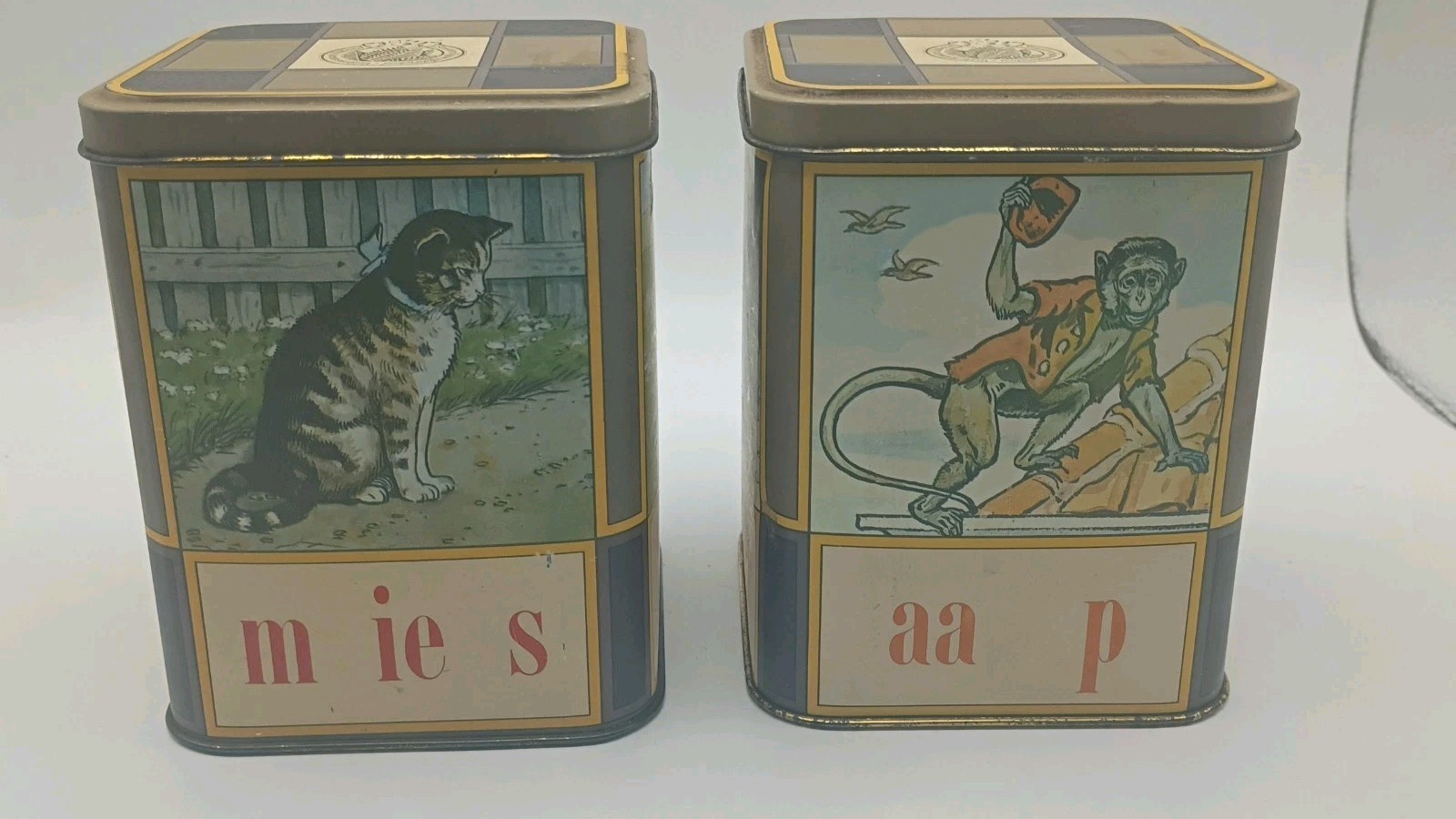 Vintage Dutch Cigar Tins Lot of 2 Senator Aap Noot Mies Monkey/Cat 1980s 