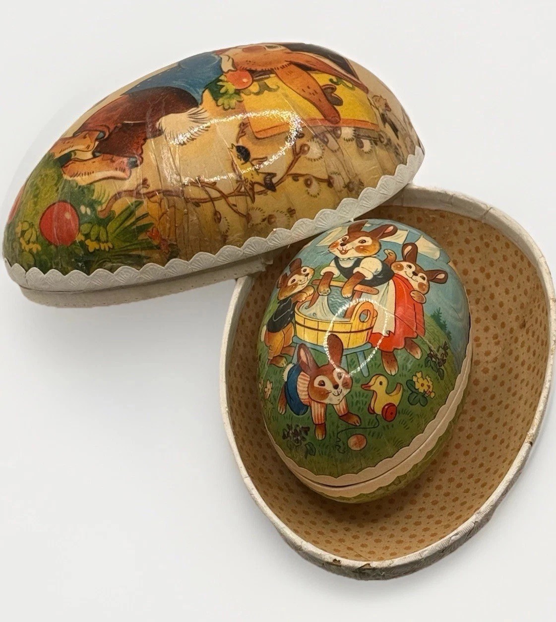 Vintage German Paper Mache Fillable Nesting Easter Egg Set(2) 7” & 4.5” Detailed