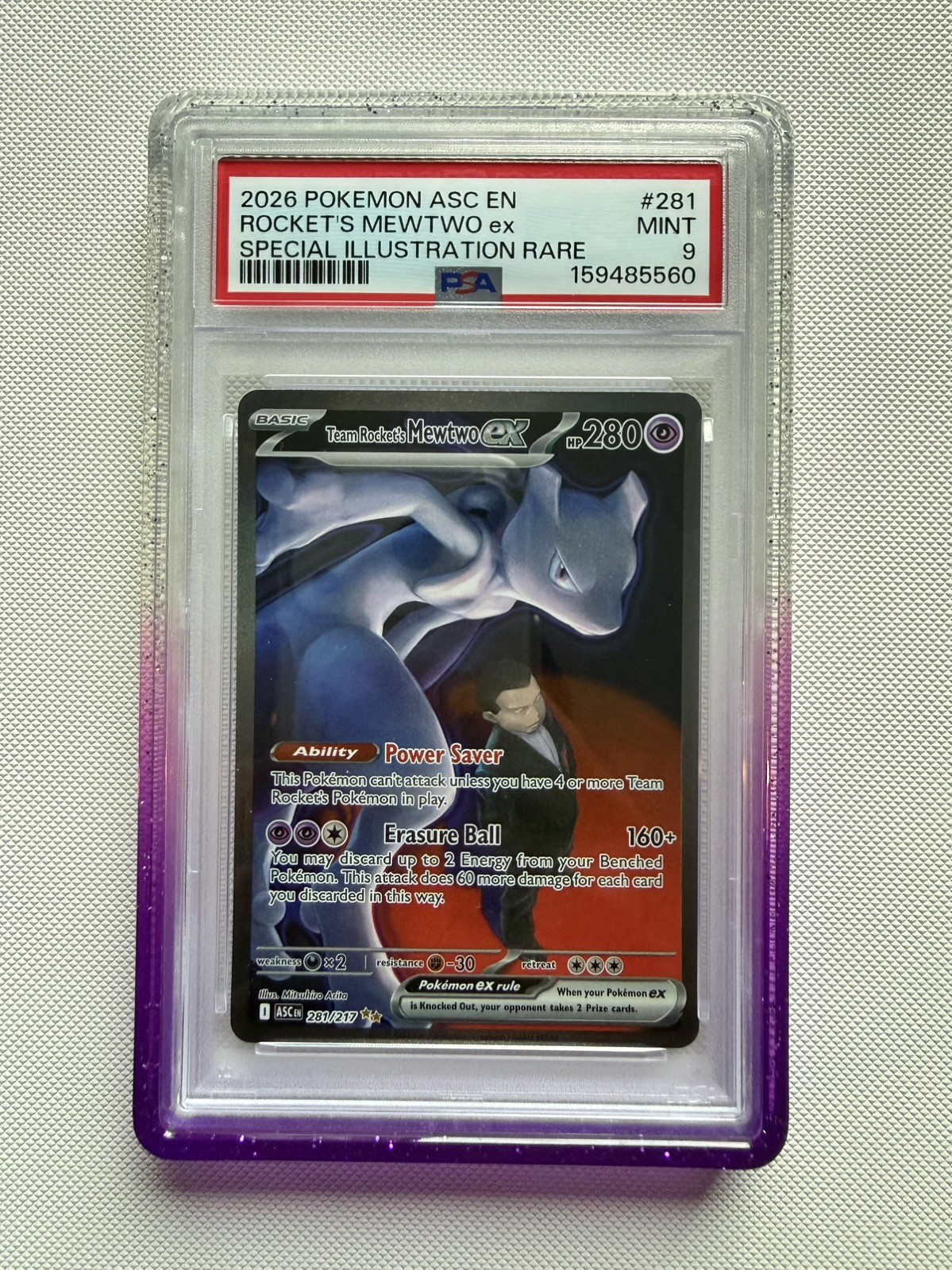 Pokemon Team Rocket\'s Mewtwo ex 281/217 Ascended Heroes Illustration Rare PSA 9