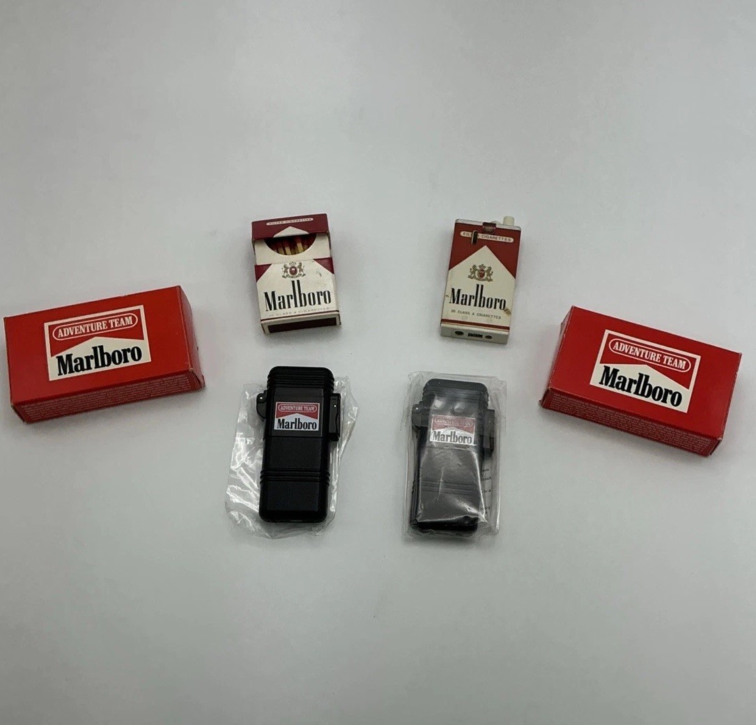3 Vtg Marlboro Advertising Lighters & Box Of Matches. 2 Black Lighters NIB