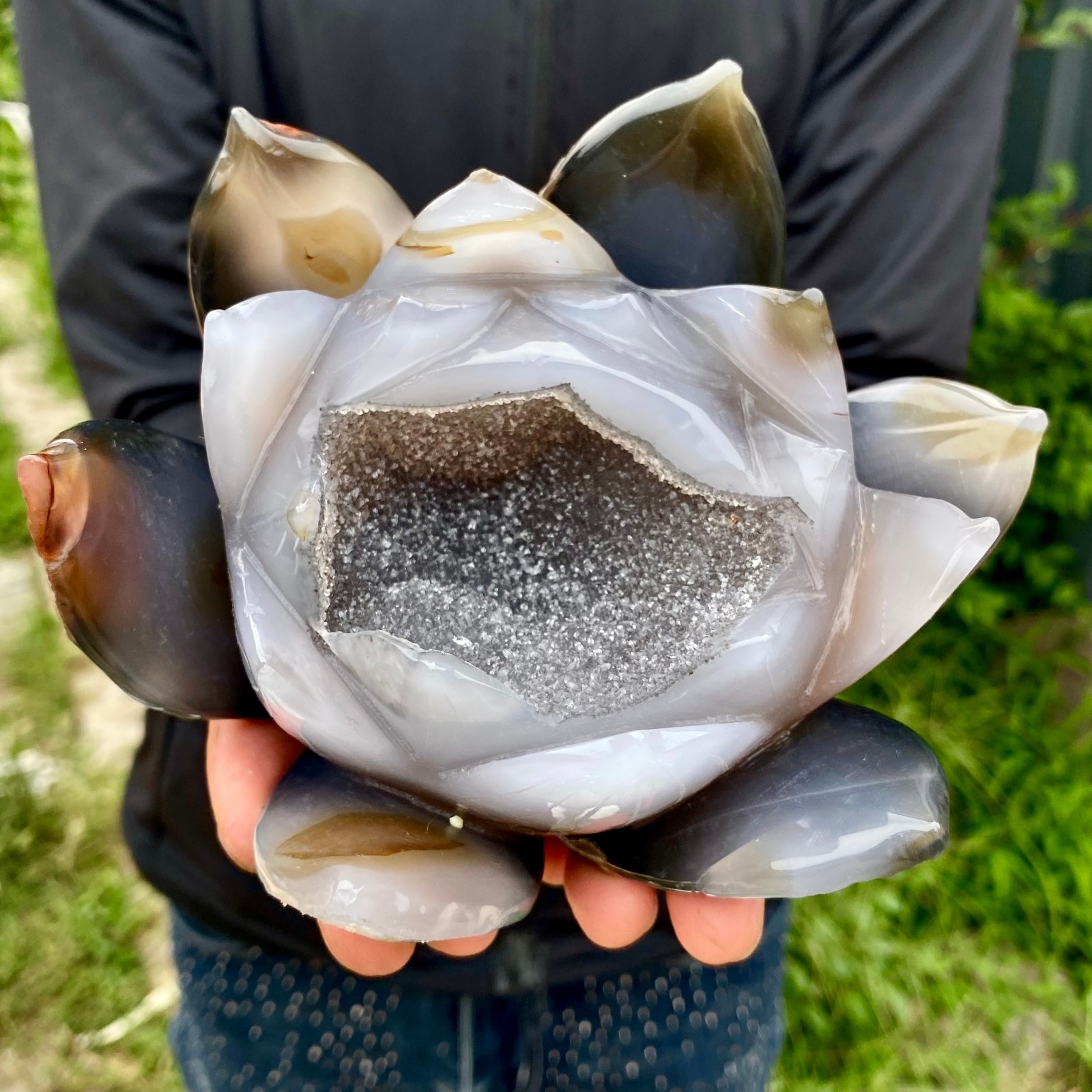 2.49LB Natural Agate Geode Carved Lotus Flower, Hand Carved Healing Crystal Home