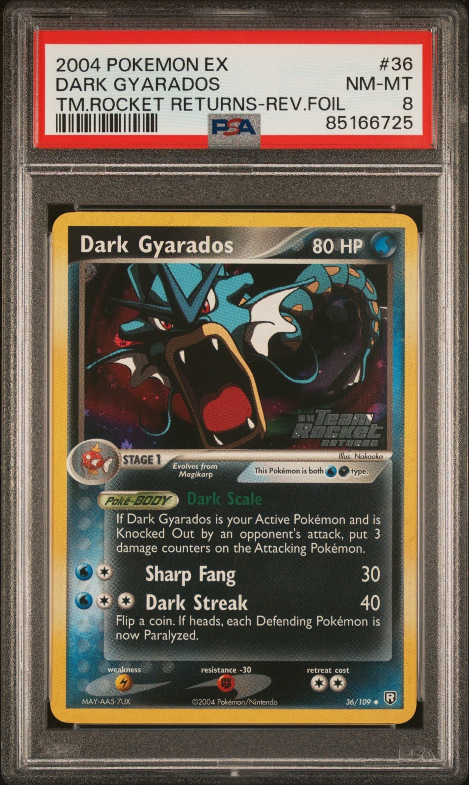 2004 Pokemon Ex Team Rocket Returns #36 Dark Gyarados Reverse Holo PSA 8