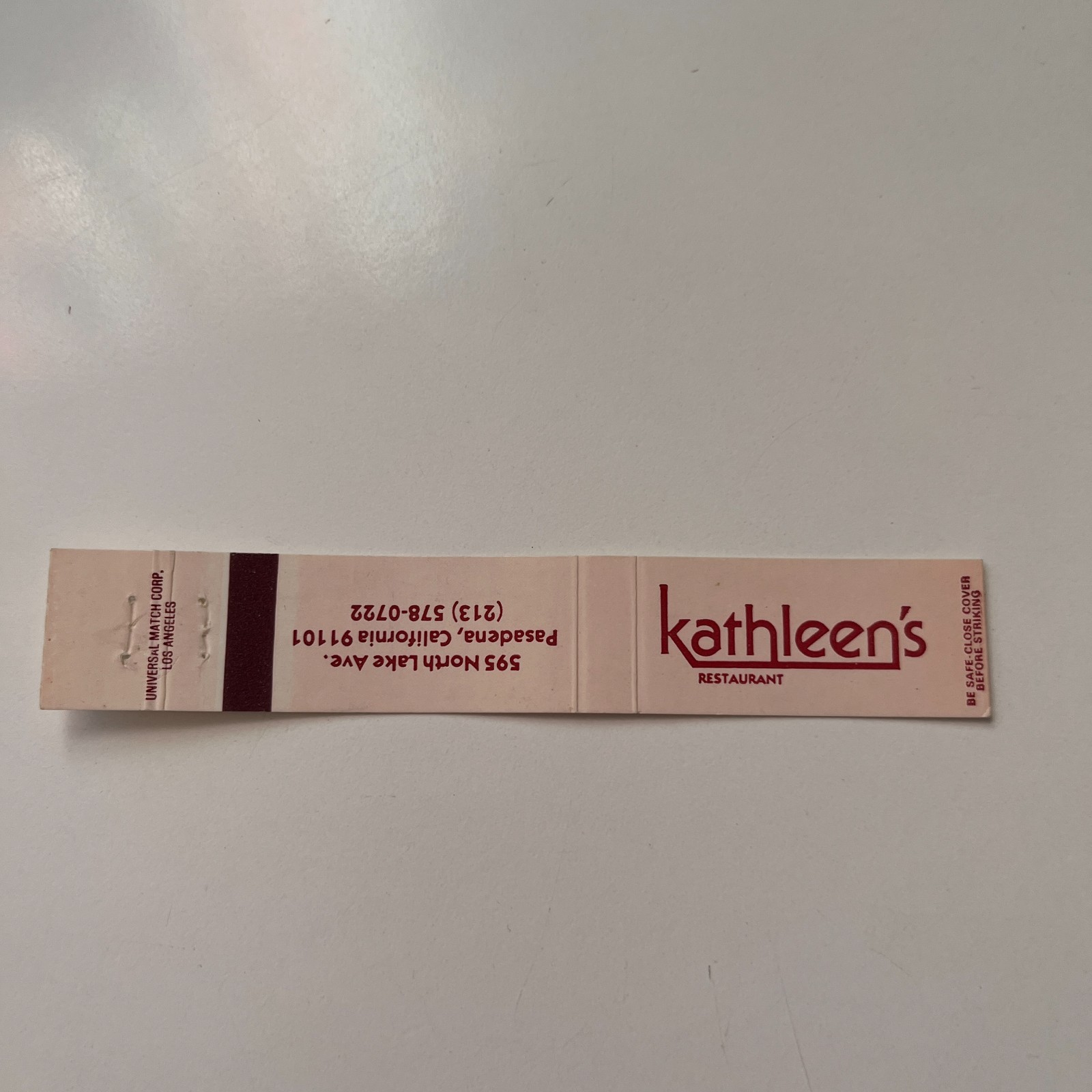 Kathleen's Restaurant N Lake Av Pasadena CA Vintage Slim Matchbook Cover TSD7-M6