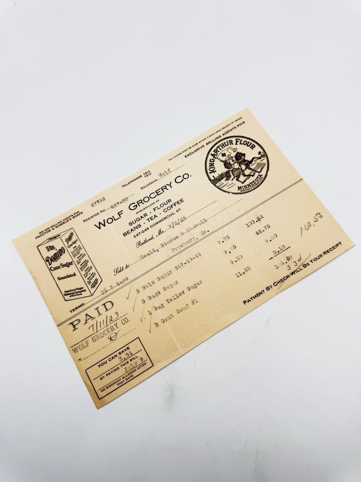 Vintage 1923 Wolf Grocery Co. Portland Maine Invoice - King Arthur Flour Logo