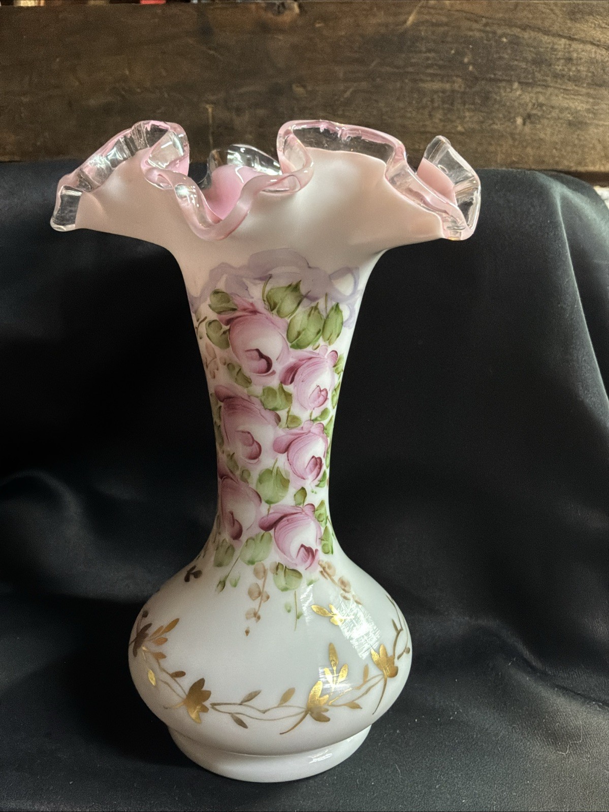 Vintage Fenton Hand-Painted Charleton Rose Ruffled Vase-Beautiful