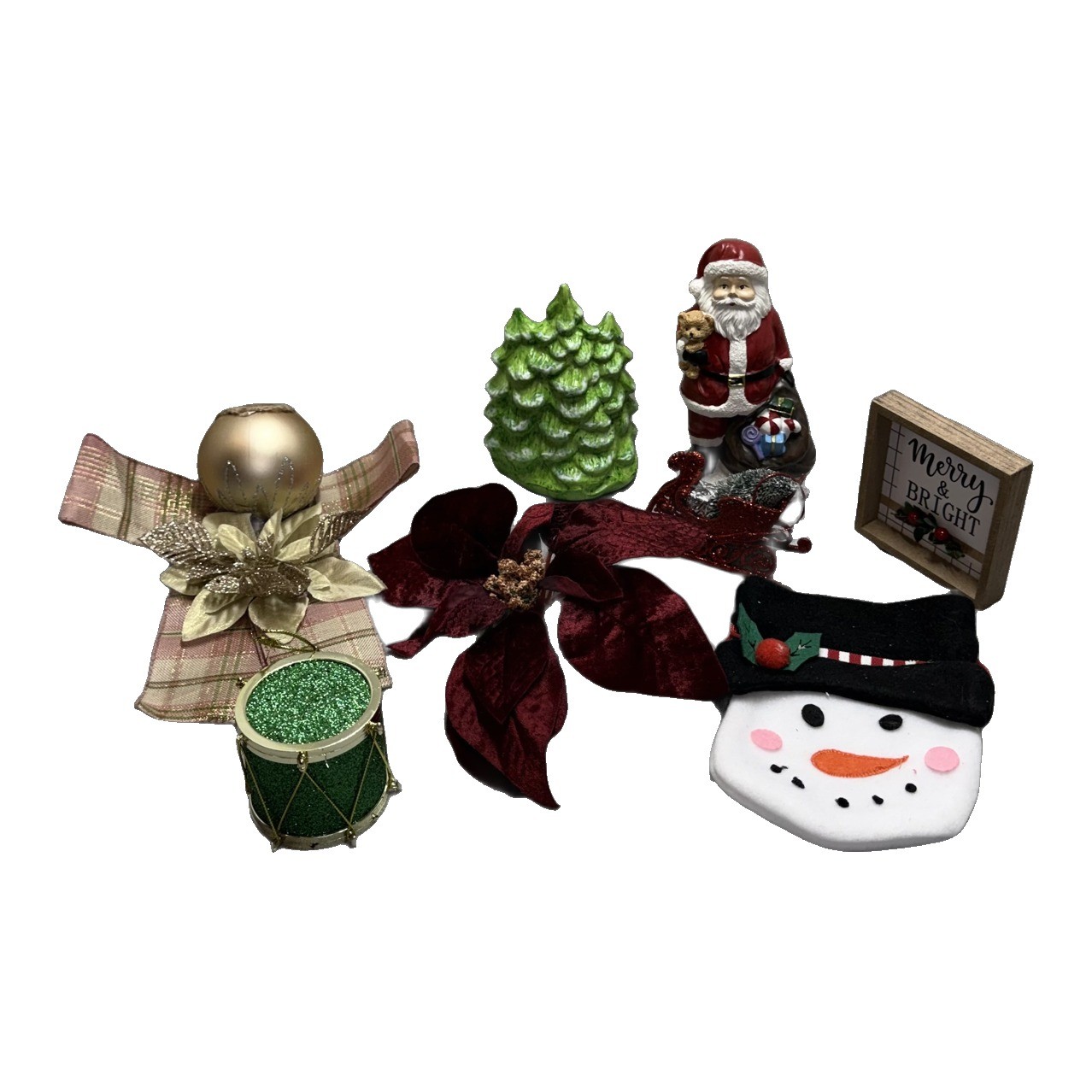 Vintage Christmas Decor Lot 7pc Santa Snowman Tree Sign Ornaments