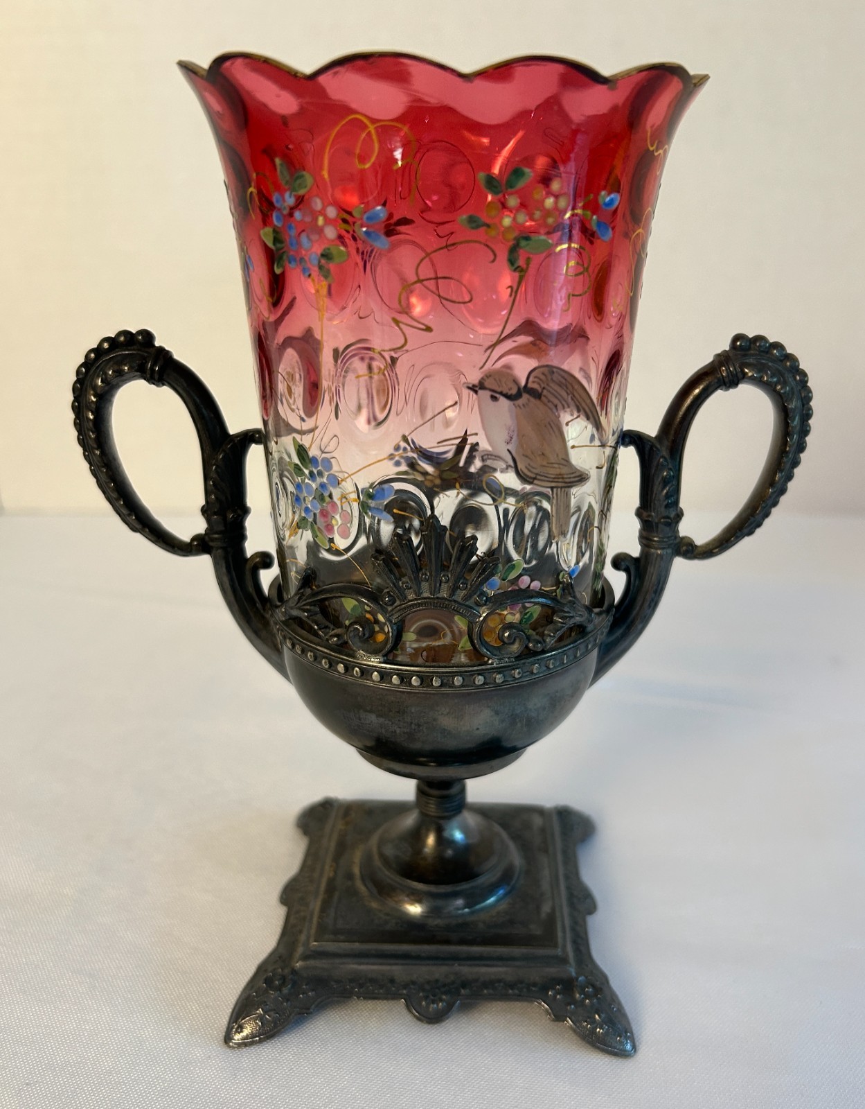Victorian Cranberry Art Glass Celery Vase Hand Painted Enamel Silver Plate Stand