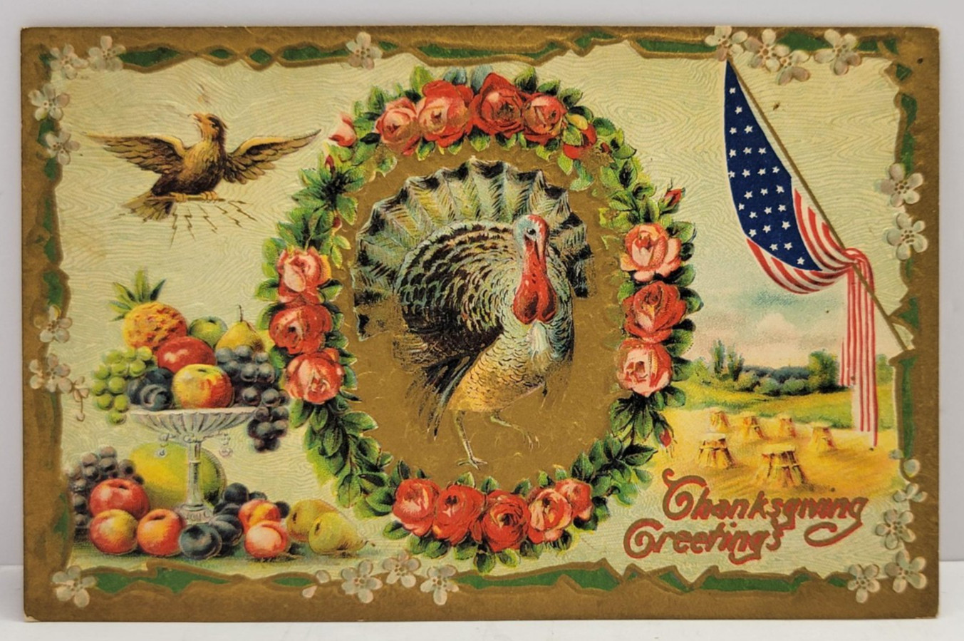 Thanksgiving Turkey American Flag Eagle Patriotic Embossed Germany 1910 Postcard