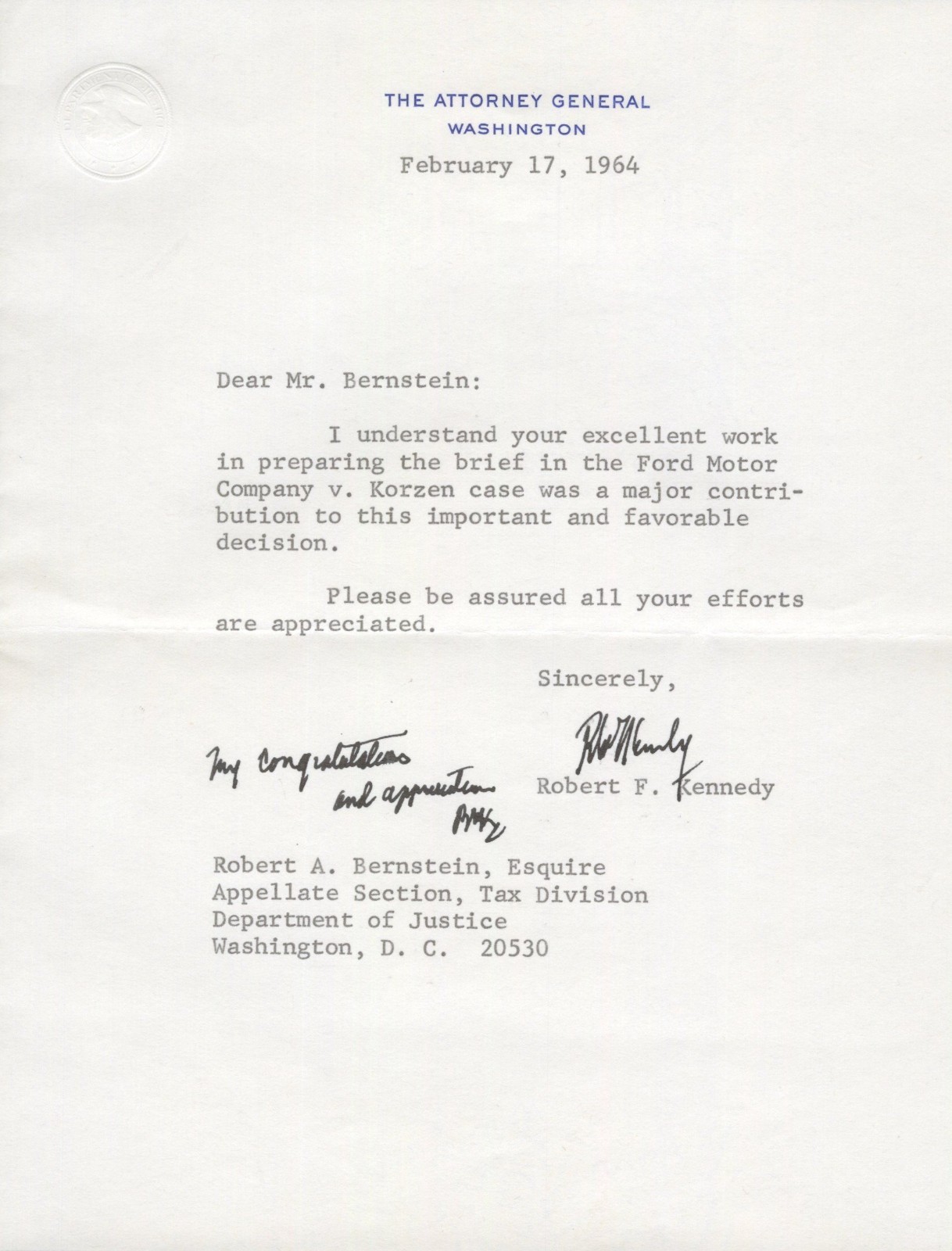 Robert F. Kennedy ~ Signed Letter as Attorney General Autographed Twice~ PSA DNA