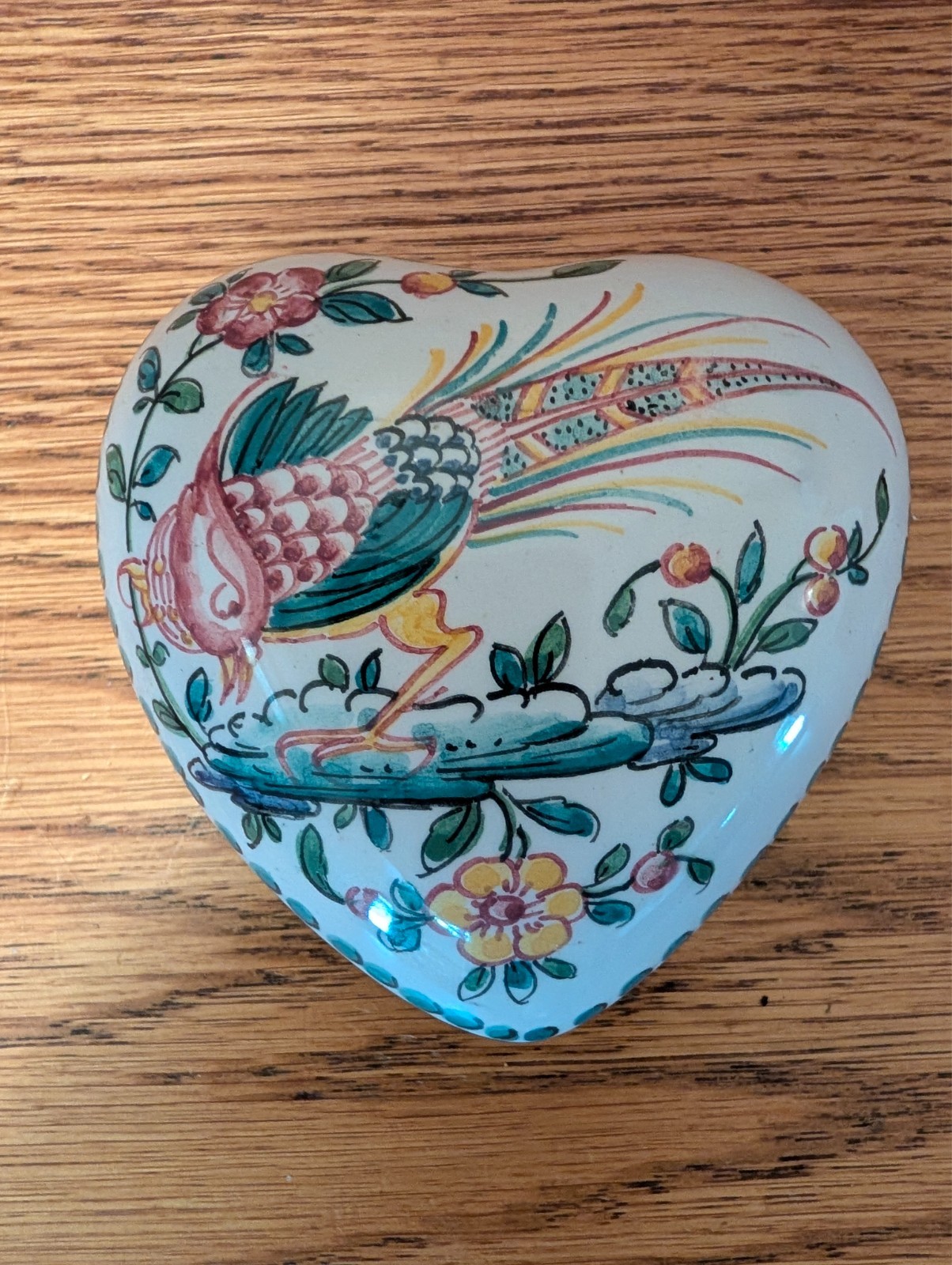 Vintage Hand-Painted Ceramic Heart-Shaped Trinket Box w/Lid – Peacock – Portugal