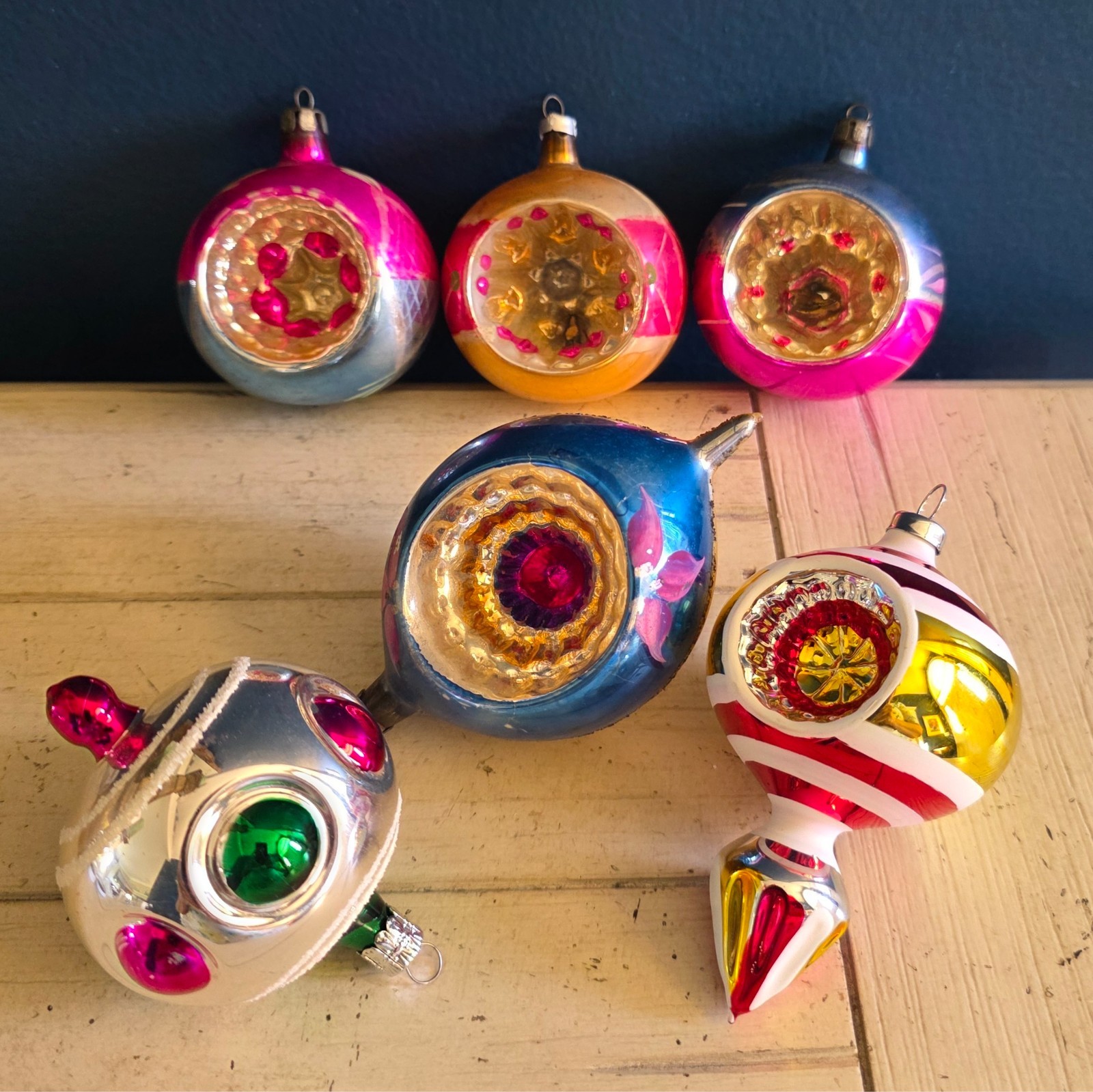 6 Lot Vintage Christmas Ornaments Poland Czech Indent Mica Reflector Pink Blue