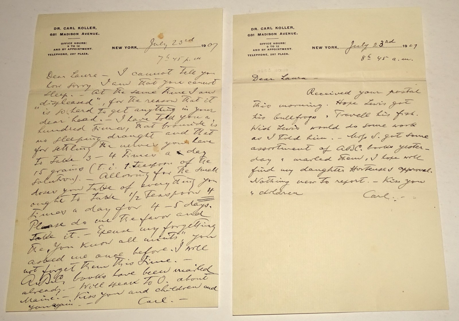 1907 Dr Carl Koller Autograph Letter Signed ALS Father Local Anesthesia Medical