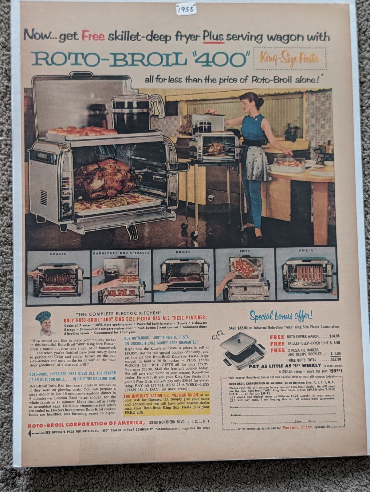 1950s Modern ROTO BROIL Kitchen Oven Housewife Fryer Vintage Poster Print Ad