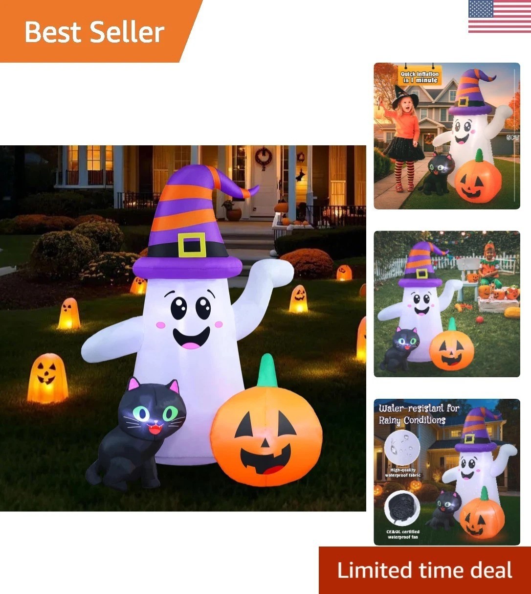 Adorable 5FT Halloween Ghost Inflatable with Cat & Pumpkin - Indoor/Outdoor Use