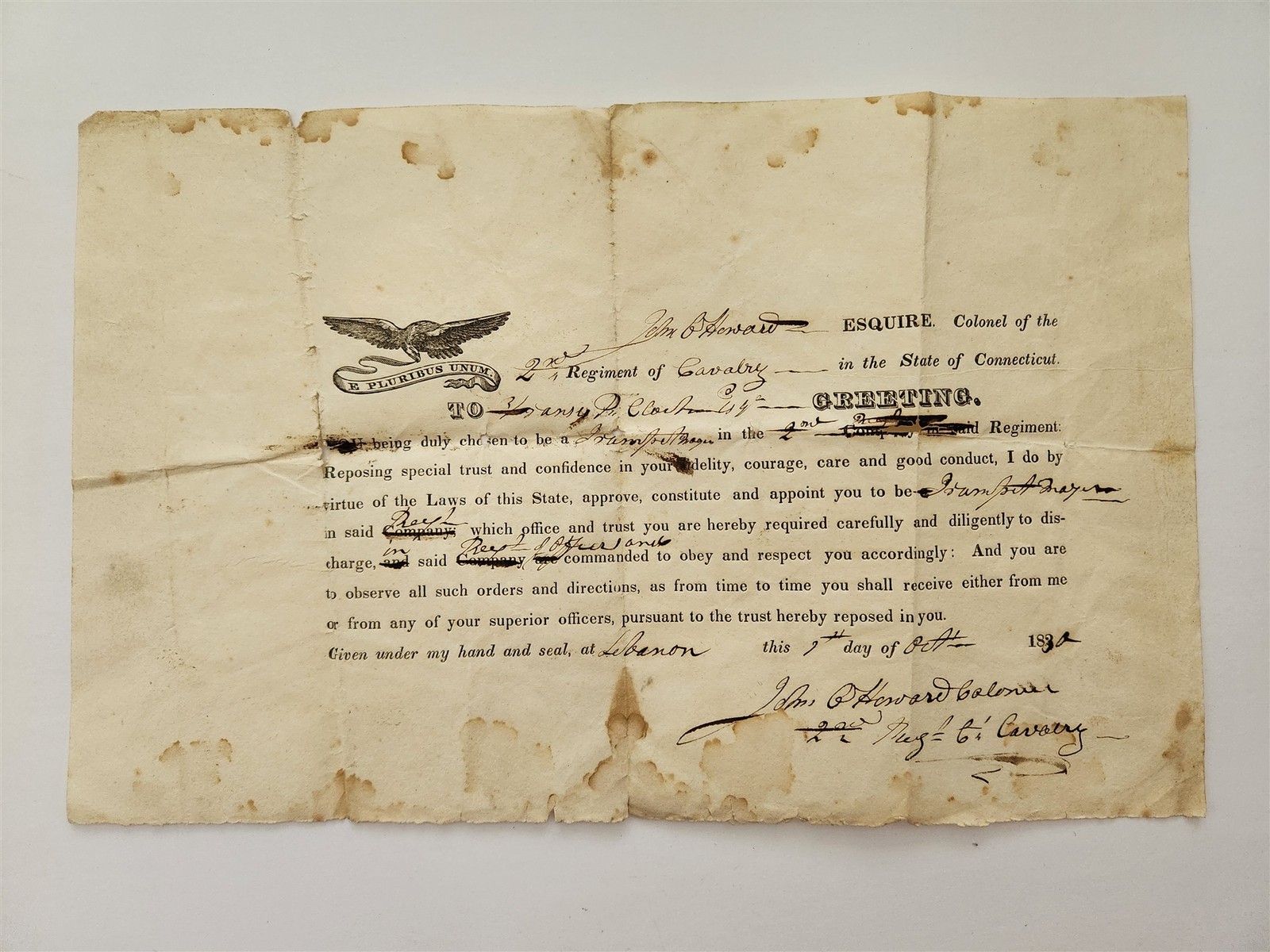 1832 antique CONNECTICUT 2nd CAVALRY cert COL JOHN HOWARD appoint TRUMPET MAJOR