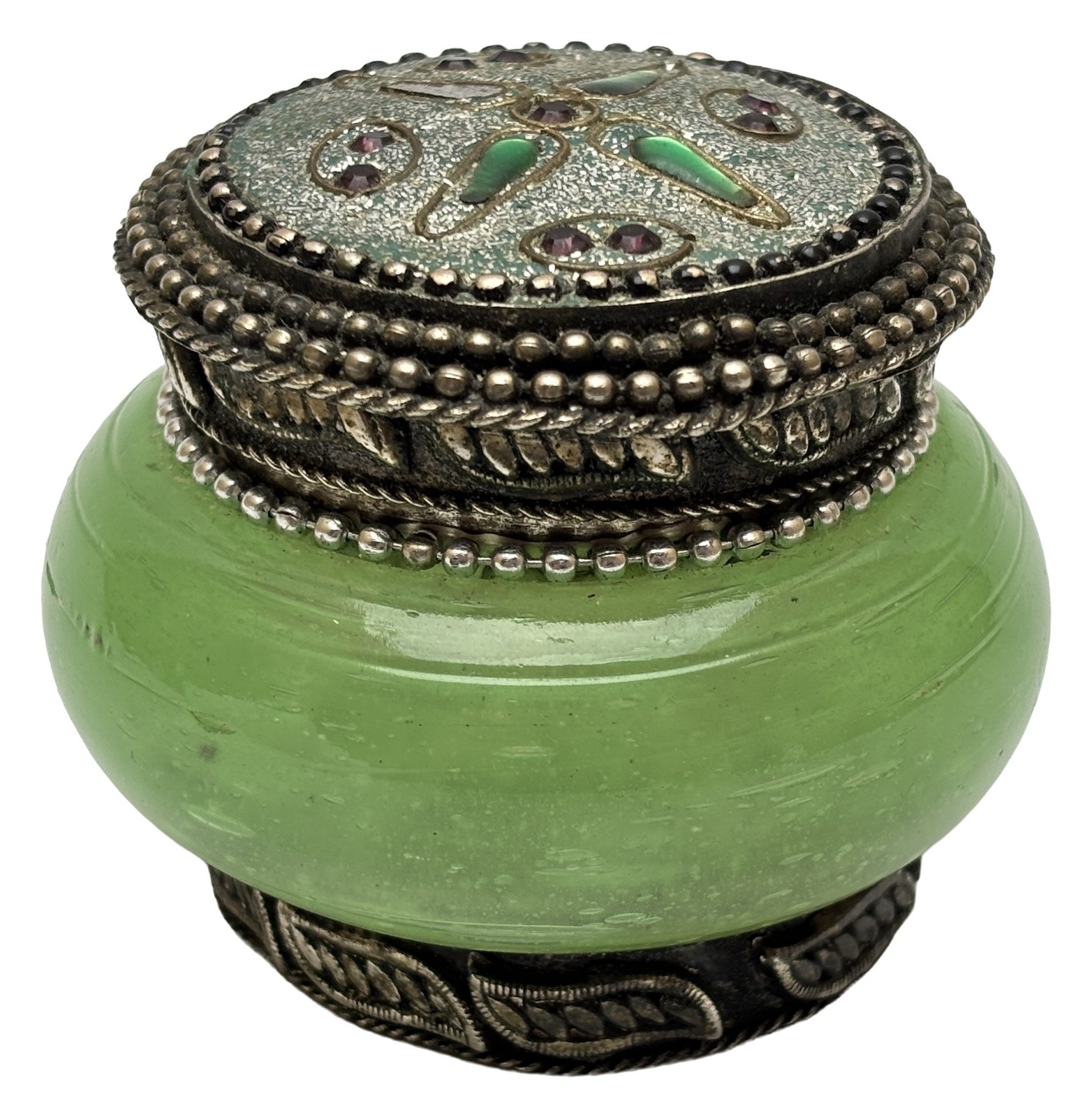 Vintage Green Glass Trinket Box Ornate Metal Inlaid Lid Velvet Interior