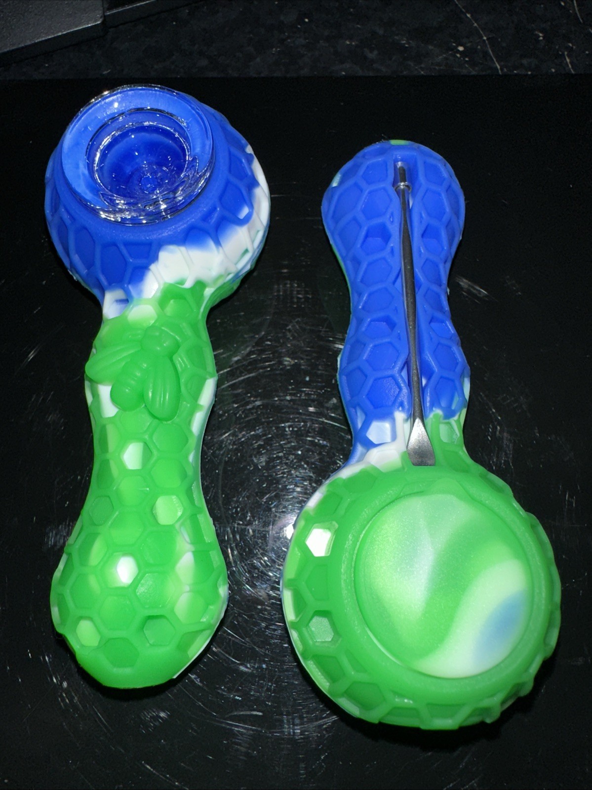 GREEN/BLUE SILICONE SMOKING PIPE W/ GLASS SINGLE HOLE BOWL