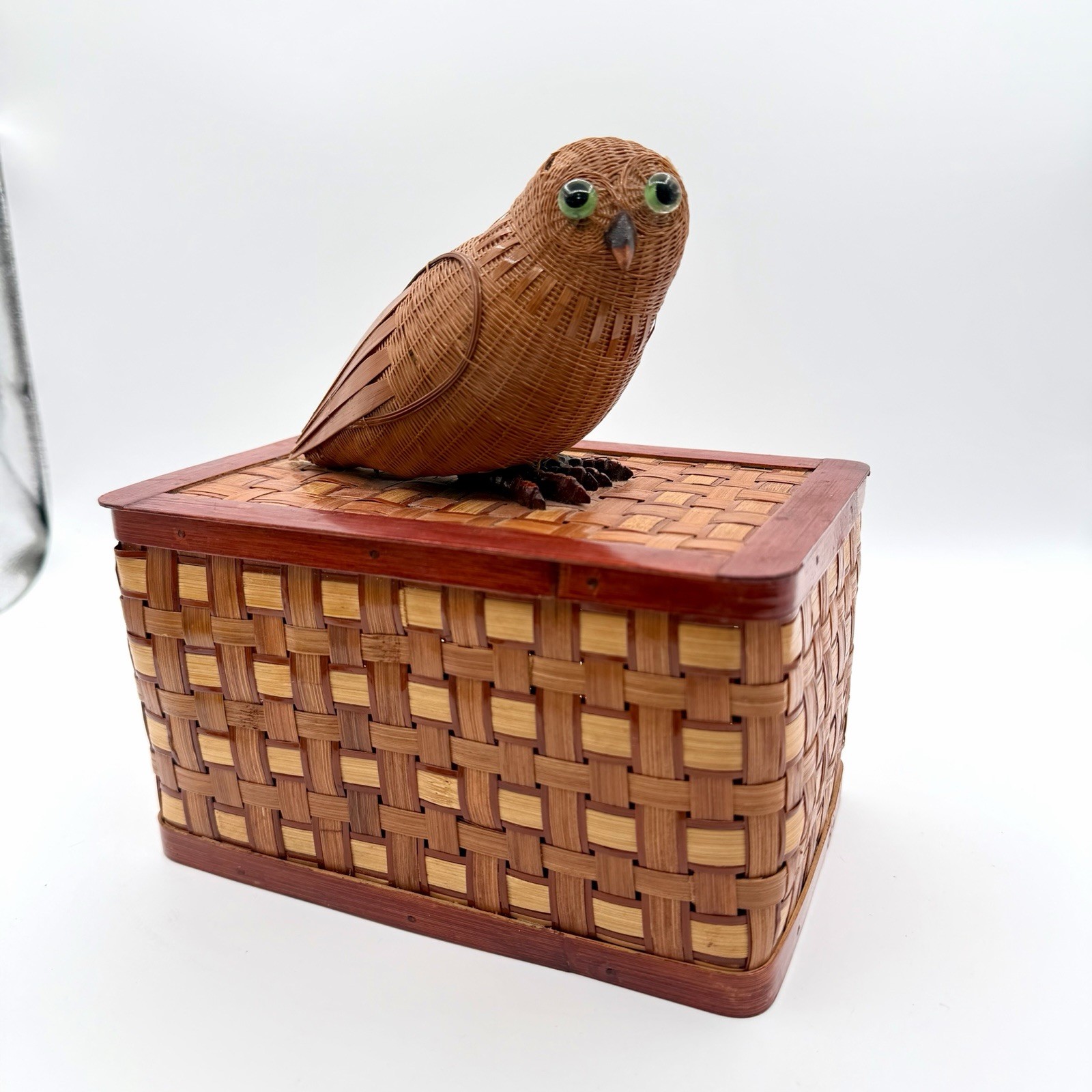 Vintage Shanghai Handicrafts Wood Wicker Owl Basket Box People's Republic China