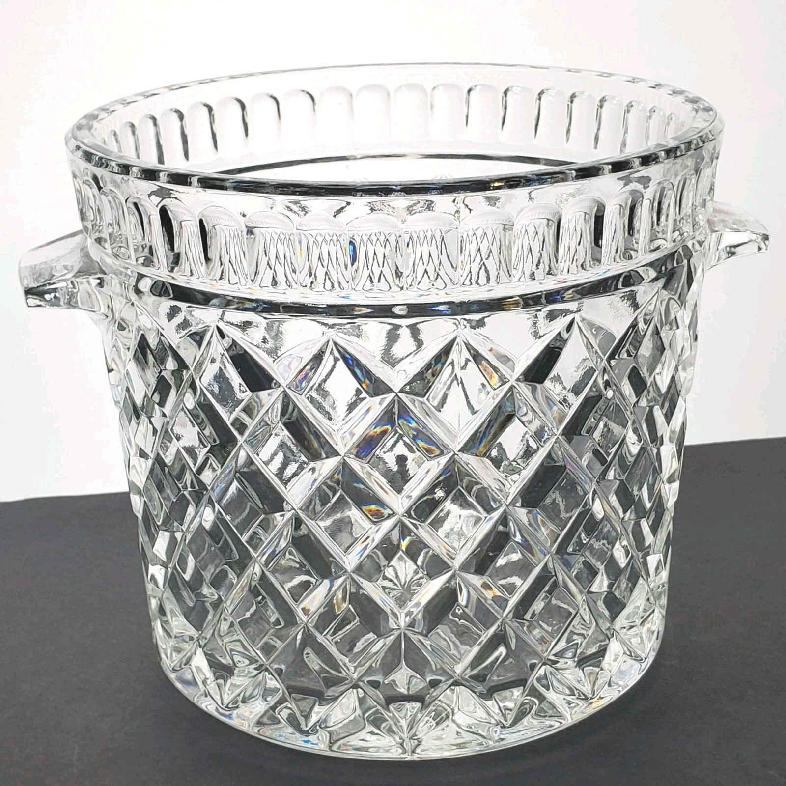 Crystal Glass Ice Bucket Diamond Petite Handles Antique Style Barware Vintage