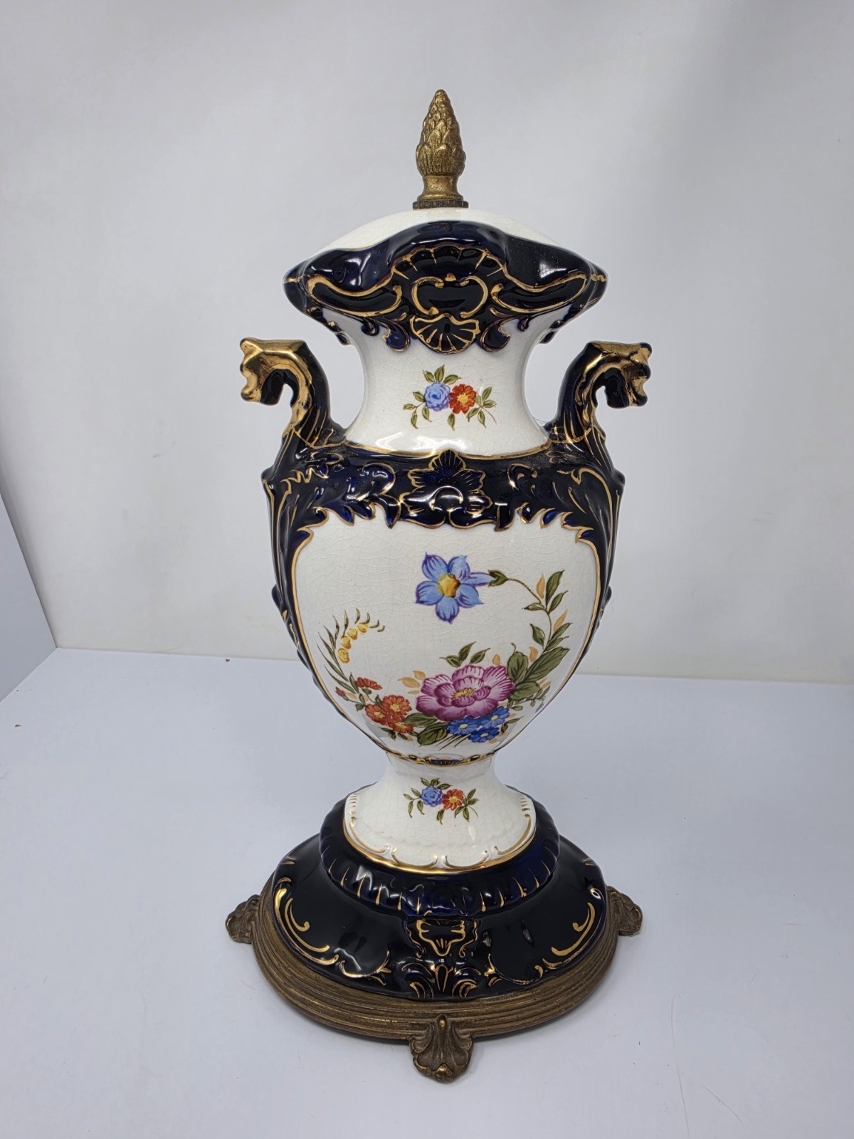 Cobalt Blue Porcelain Floral Urn Lamp Base Griffin Dragon Handles Gold 14
