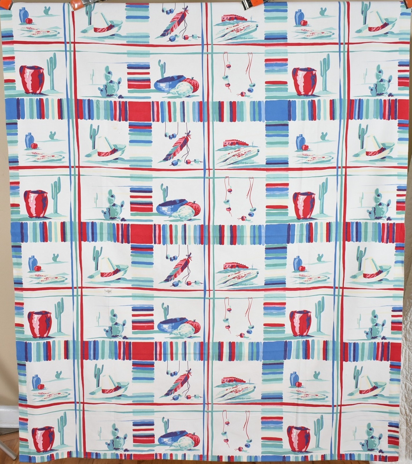 Large Vibrant Vintage 1940s Printed Antique Western Tablecloth ~Great Colors