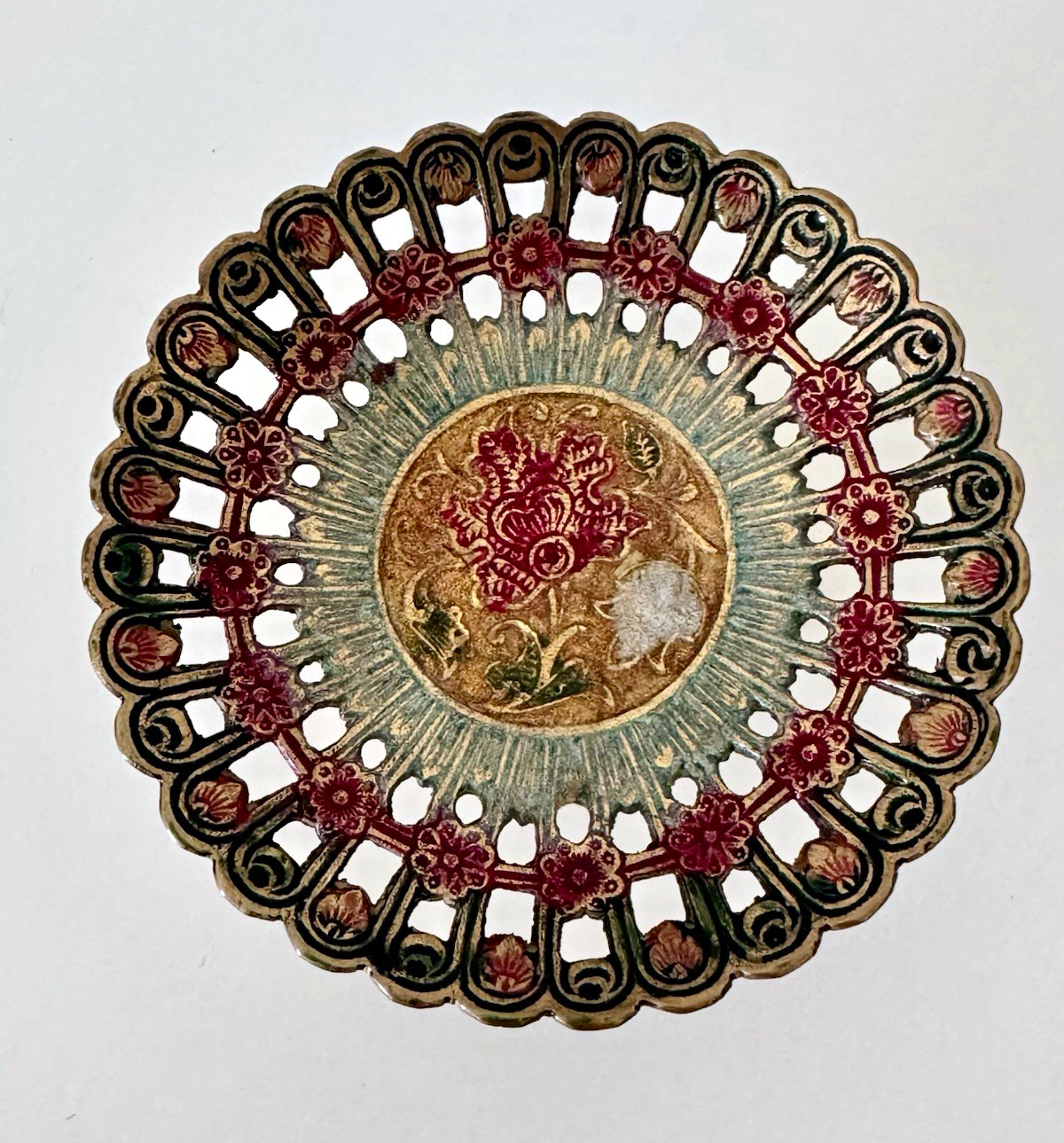 Vintage 1970s Indian meenakari style brass trinket dish, enamel over solid brass