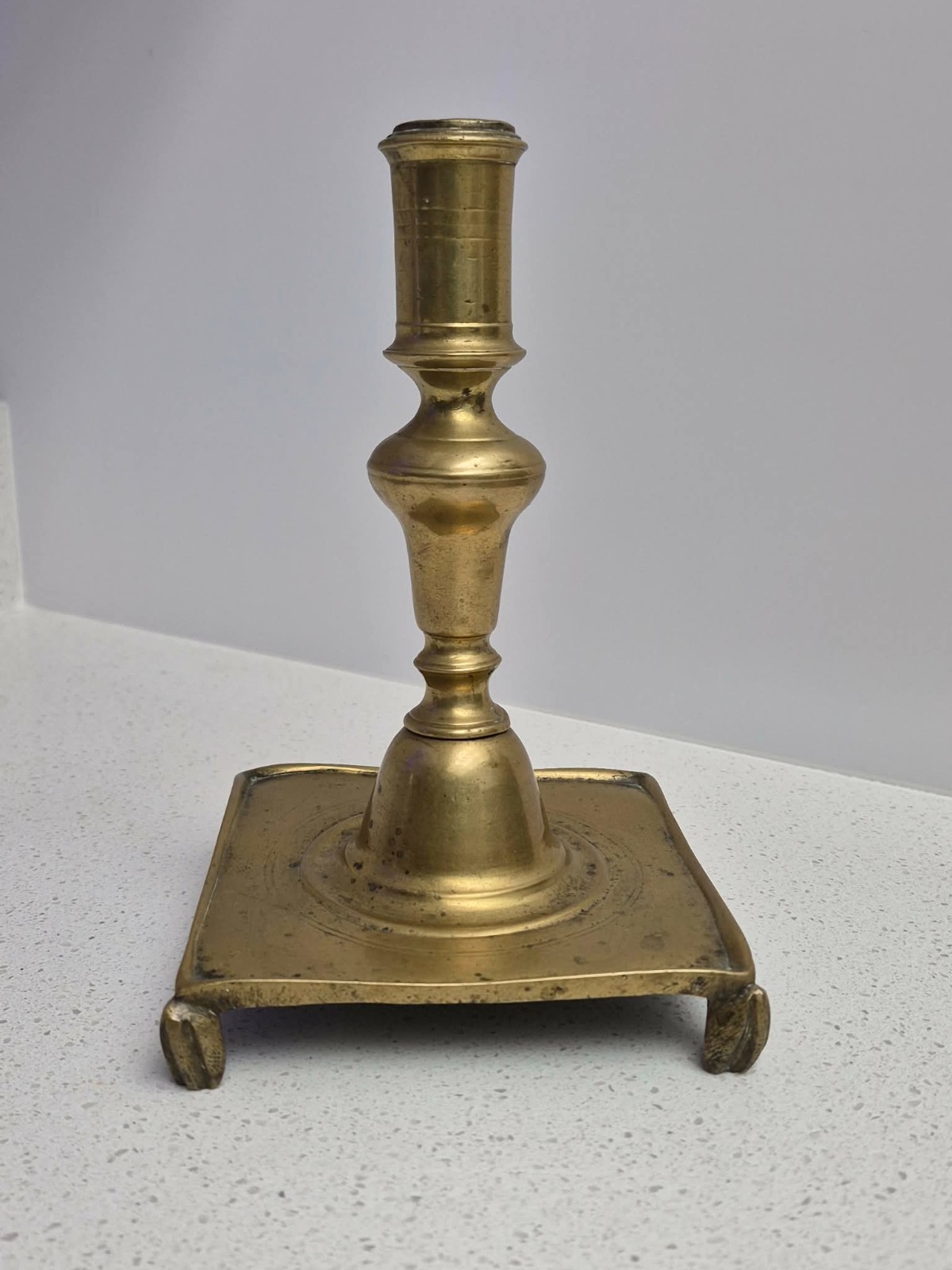 Antique Spanish 16th/17th Century Square-based Brass Candlestick on Claw Feet