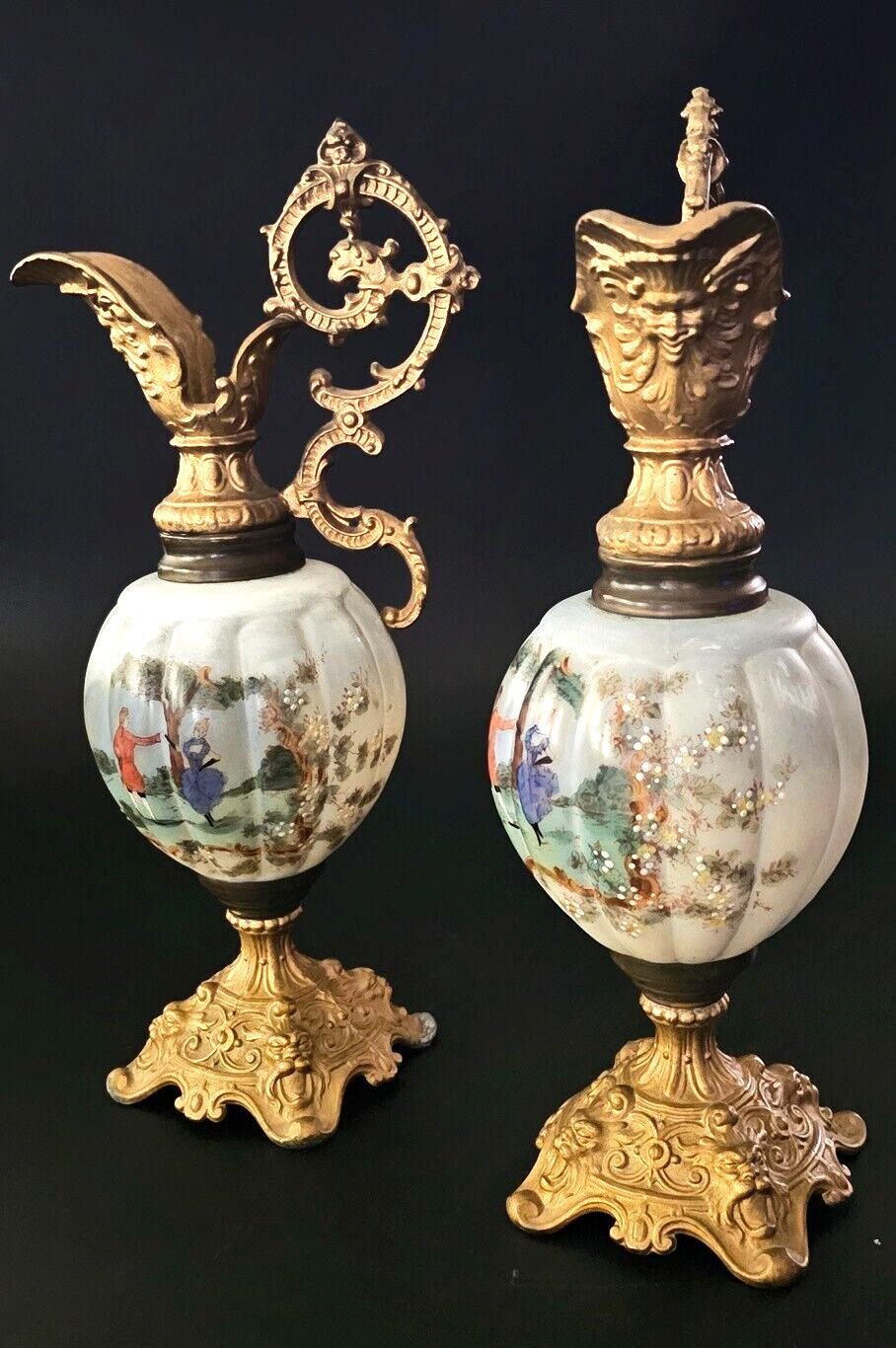 Pair of Antique Wave Crest (C.F. Monroe) Victorian Mantle Ewers — Lion Ormolu