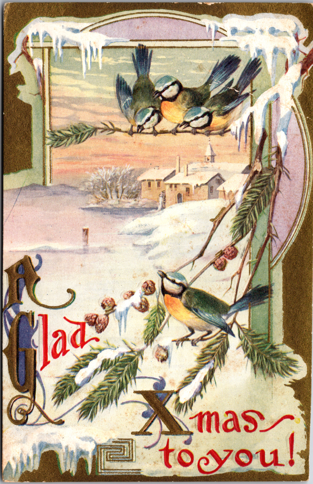 Postcard A Glad Christmas to You Birds Houses Snowy Scene 1911 Embossed
